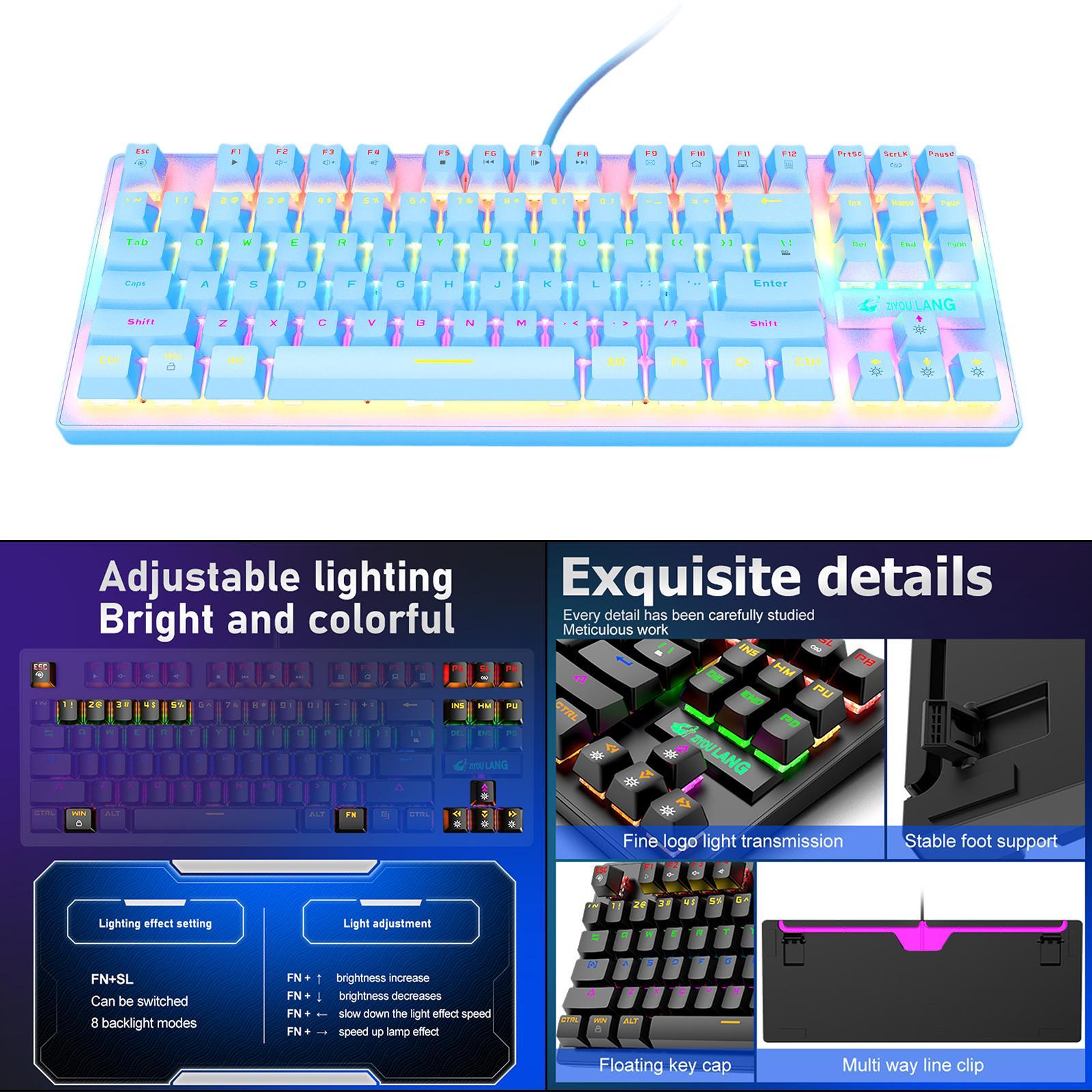 Wired Mechanical Gaming Keyboard Rainbow Backlit Windows Gamer 87 keys blue