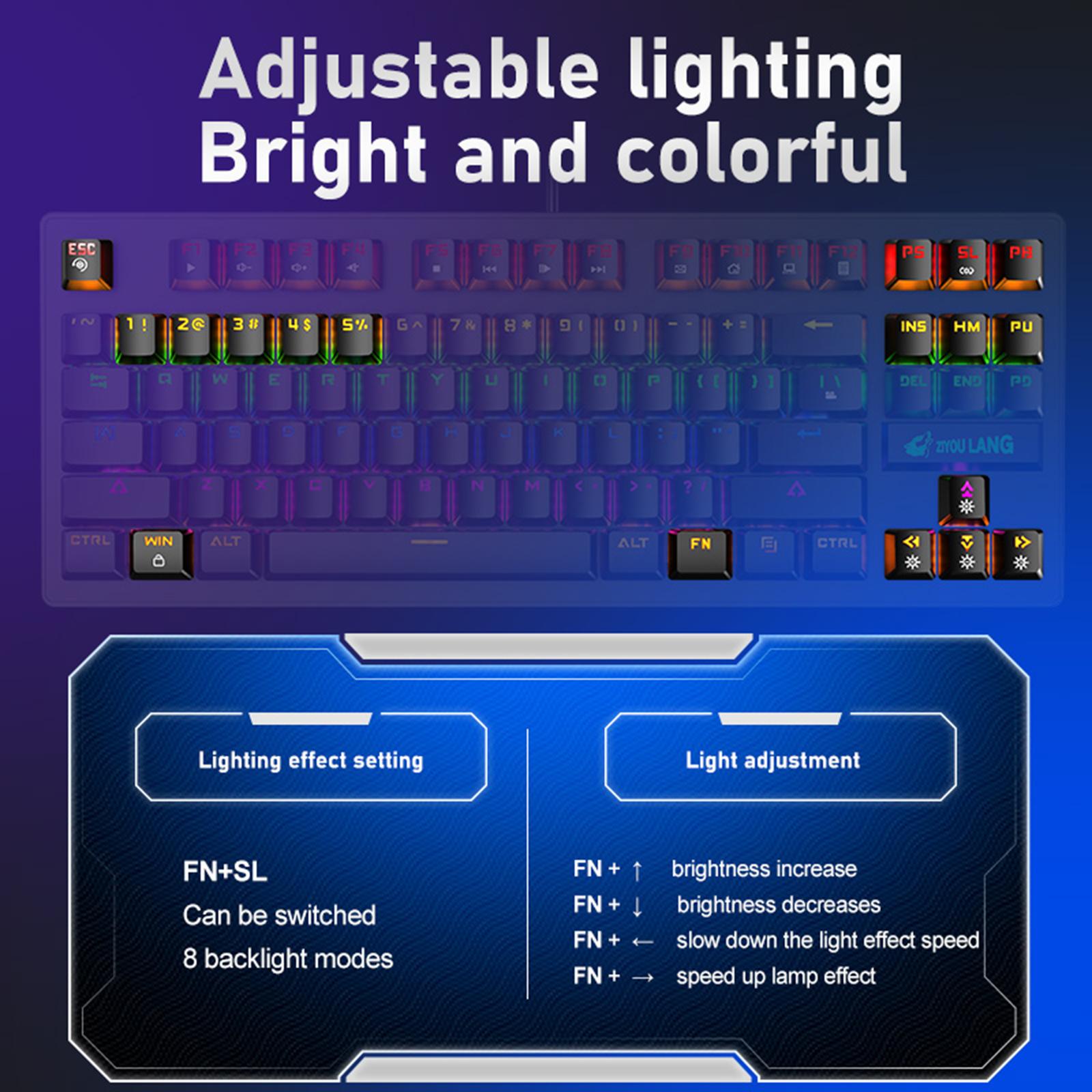 Wired Mechanical Gaming Keyboard Rainbow Backlit Windows Gamer 88 keys black