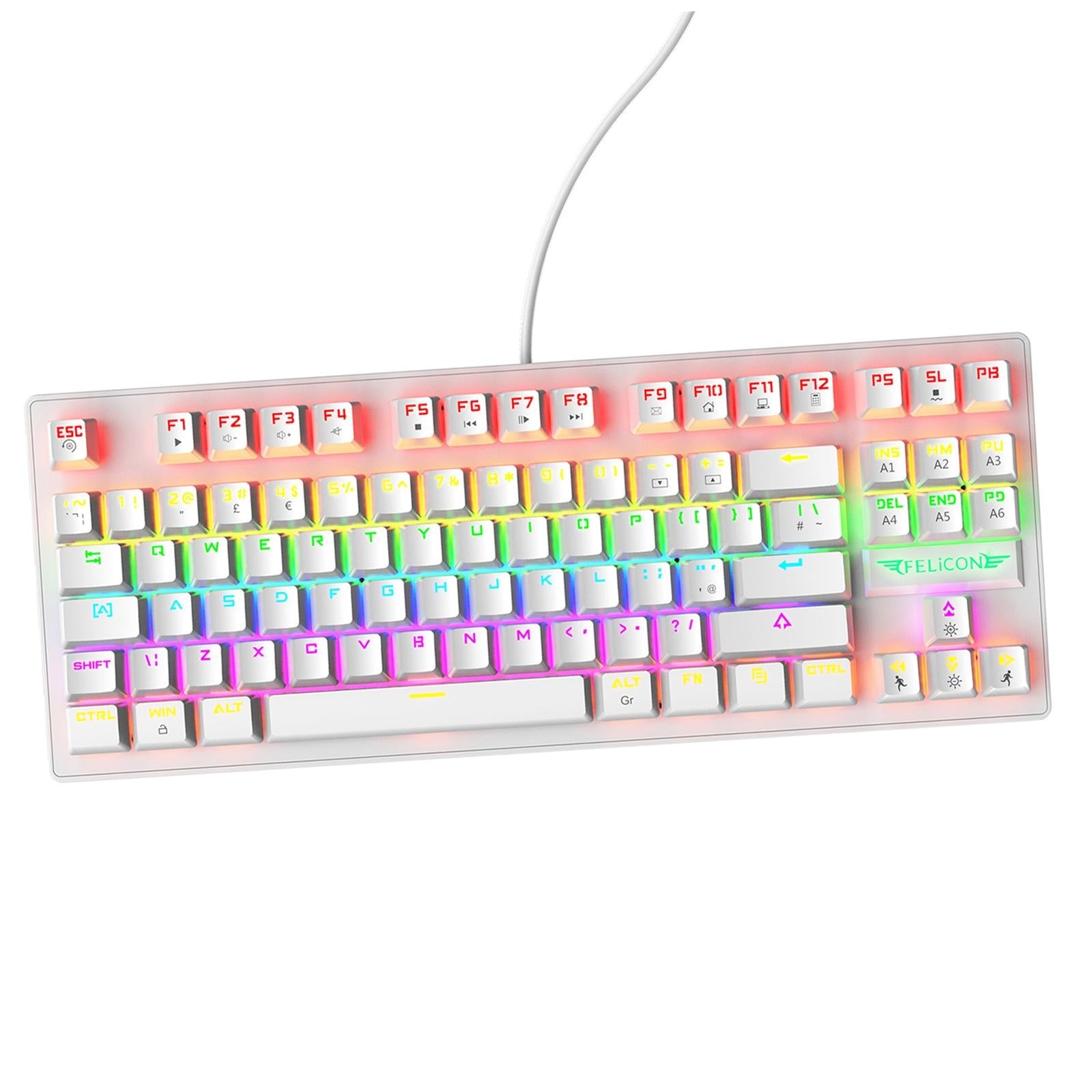 Wired Mechanical Gaming Keyboard Rainbow Backlit Windows Gamer 88 keys white