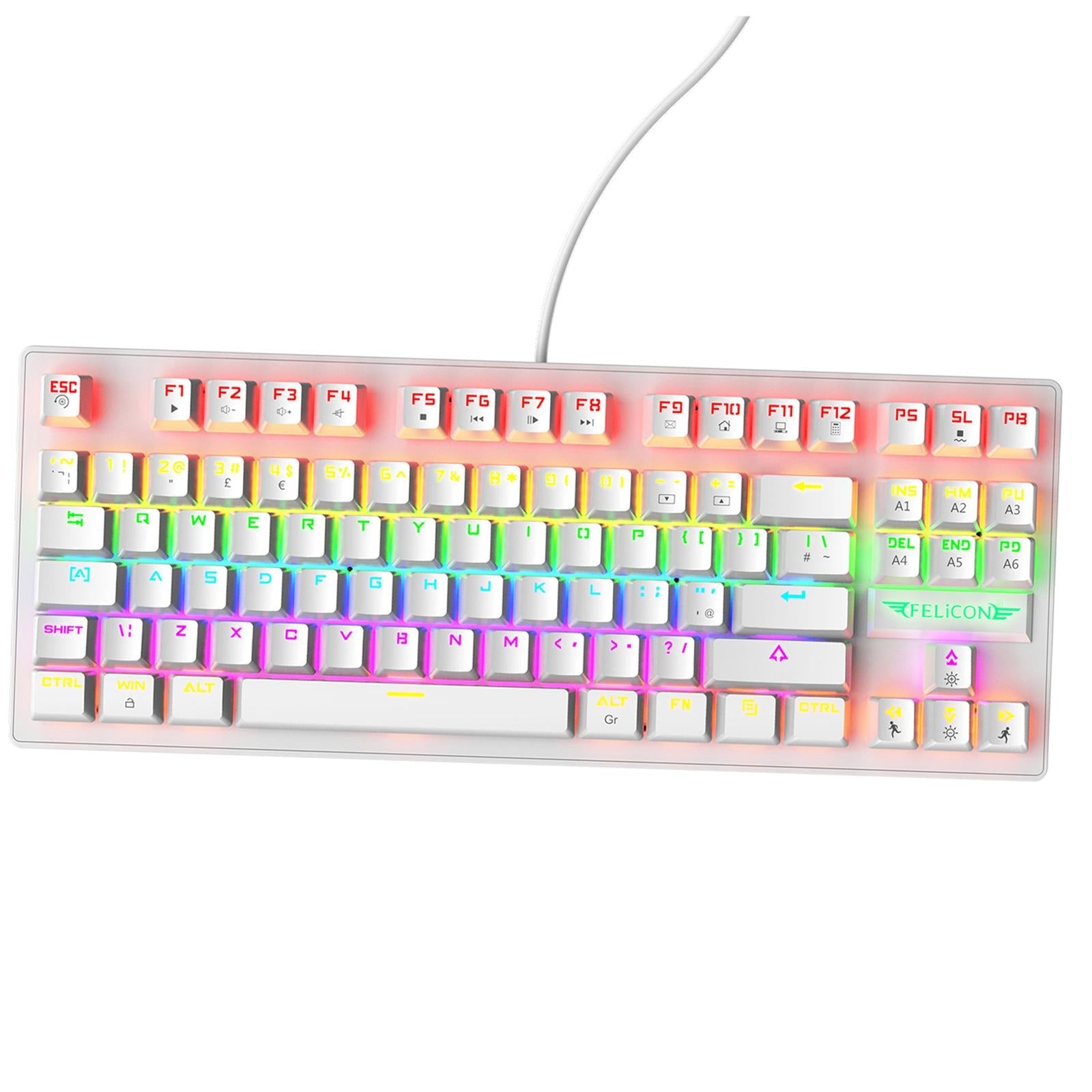 Wired Mechanical Gaming Keyboard Rainbow Backlit Windows Gamer 88 keys white