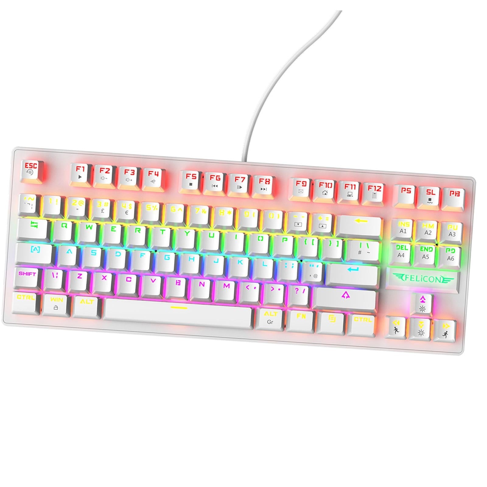 Wired Mechanical Gaming Keyboard Rainbow Backlit Windows Gamer 88 keys white