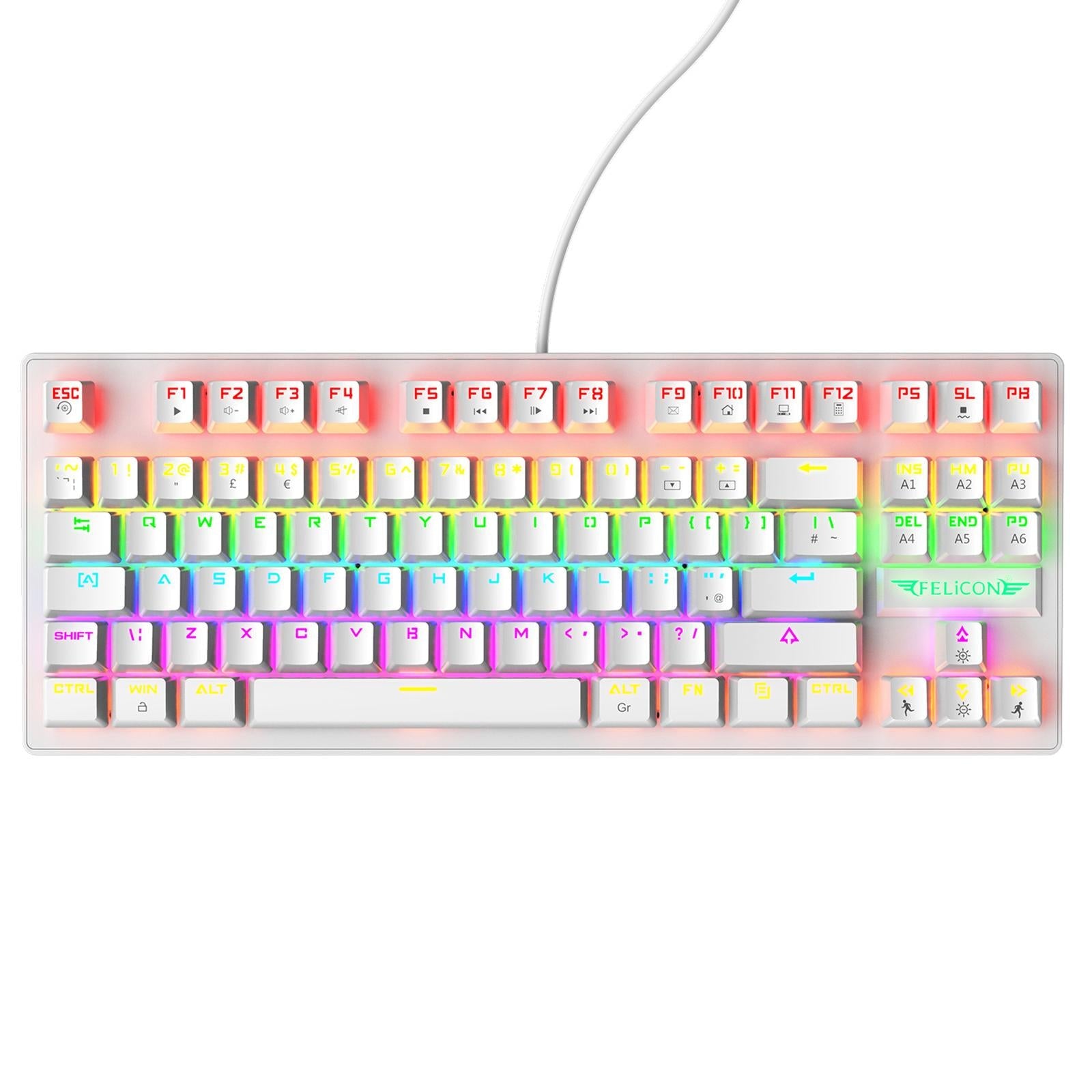 Wired Mechanical Gaming Keyboard Rainbow Backlit Windows Gamer 88 keys white