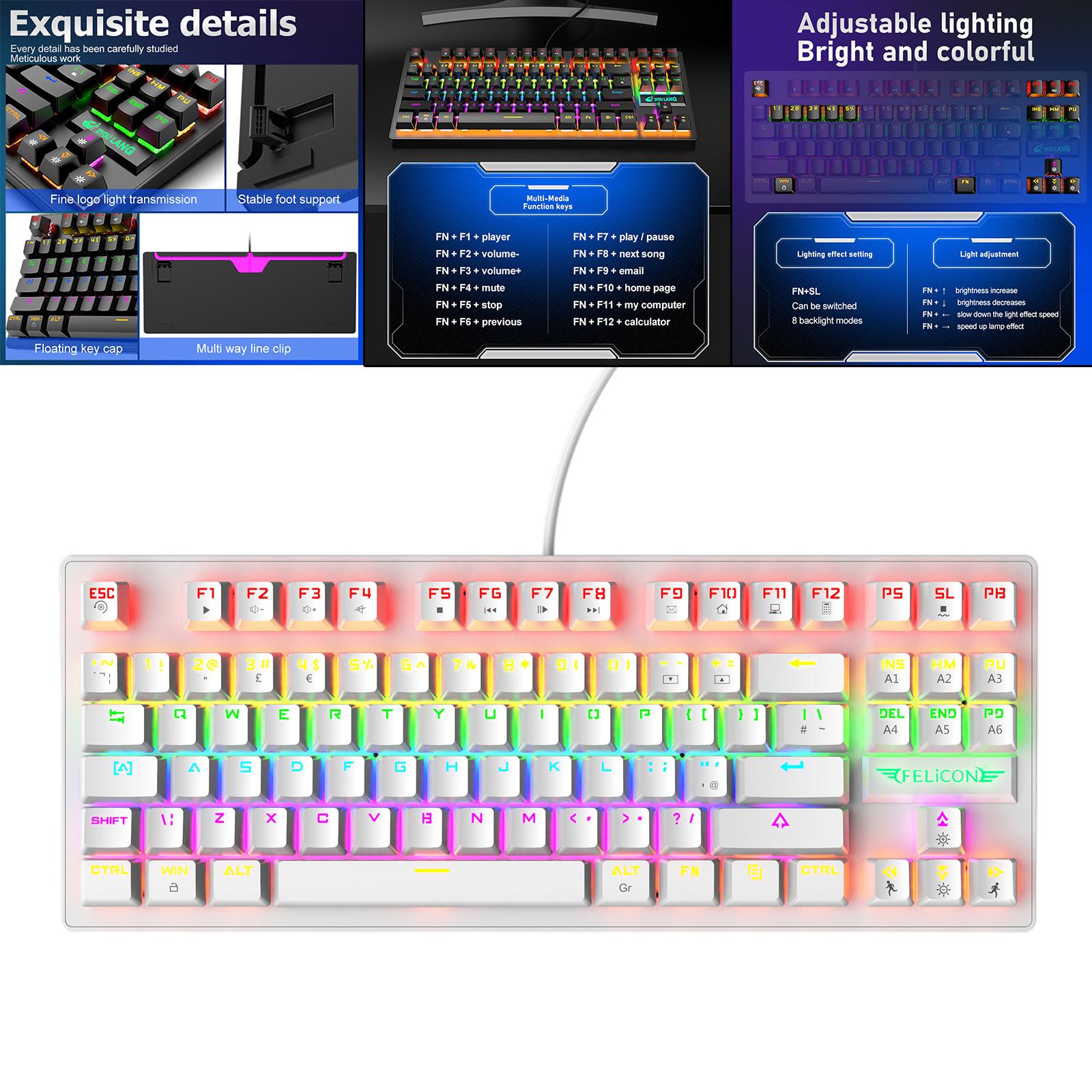 Wired Mechanical Gaming Keyboard Rainbow Backlit Windows Gamer 88 keys white