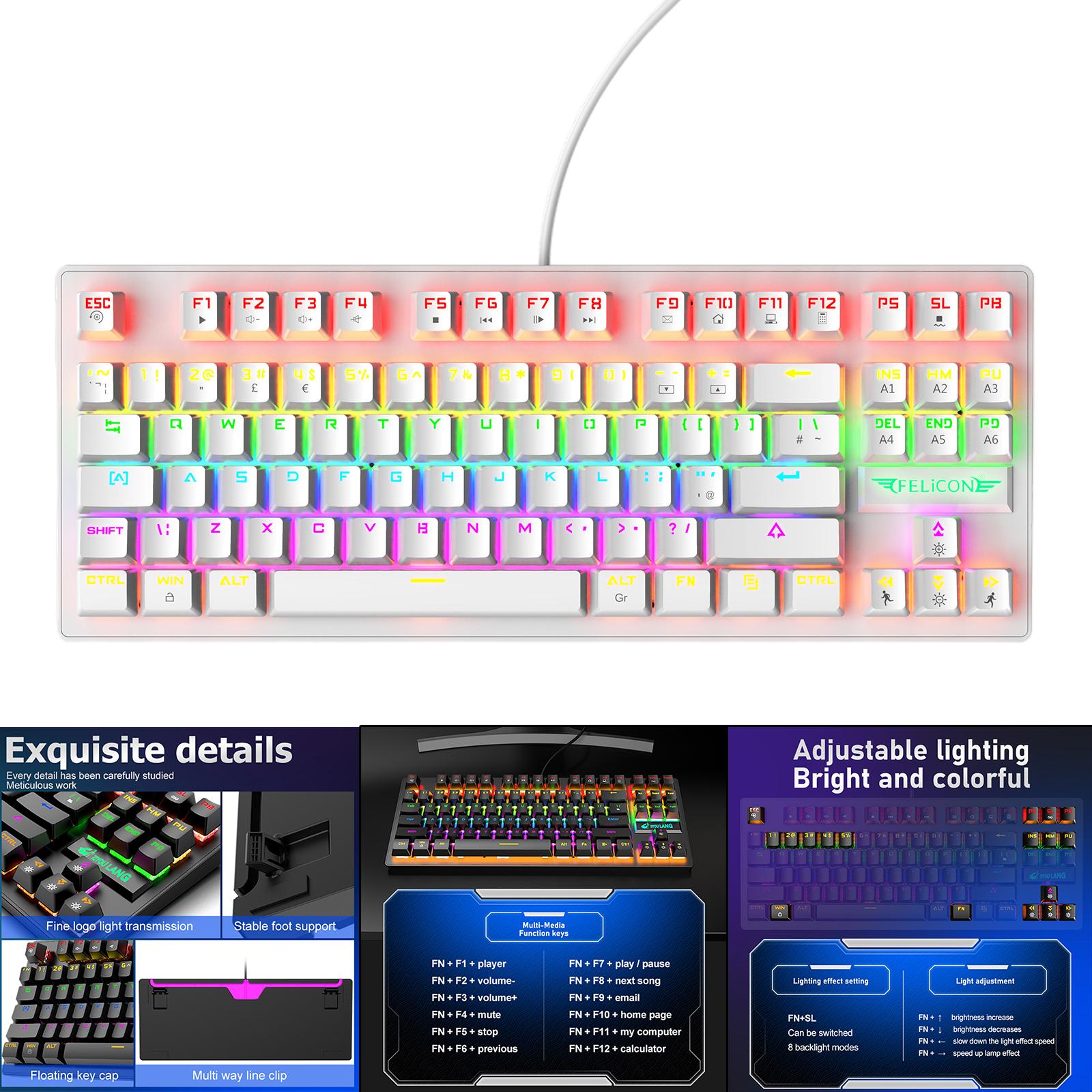 Wired Mechanical Gaming Keyboard Rainbow Backlit Windows Gamer 88 keys white