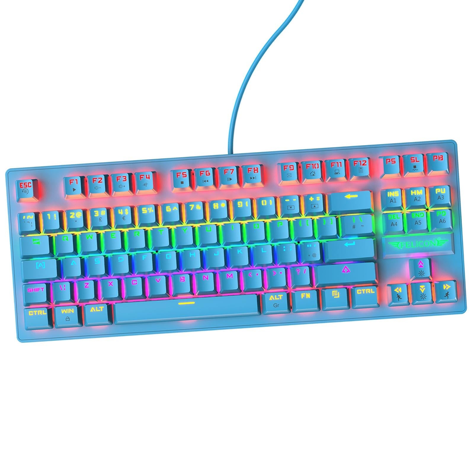 Wired Mechanical Gaming Keyboard Rainbow Backlit Windows Gamer 88 keys blue