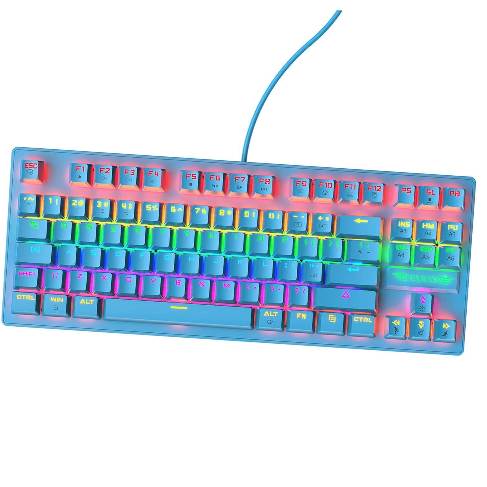 Wired Mechanical Gaming Keyboard Rainbow Backlit Windows Gamer 88 keys blue