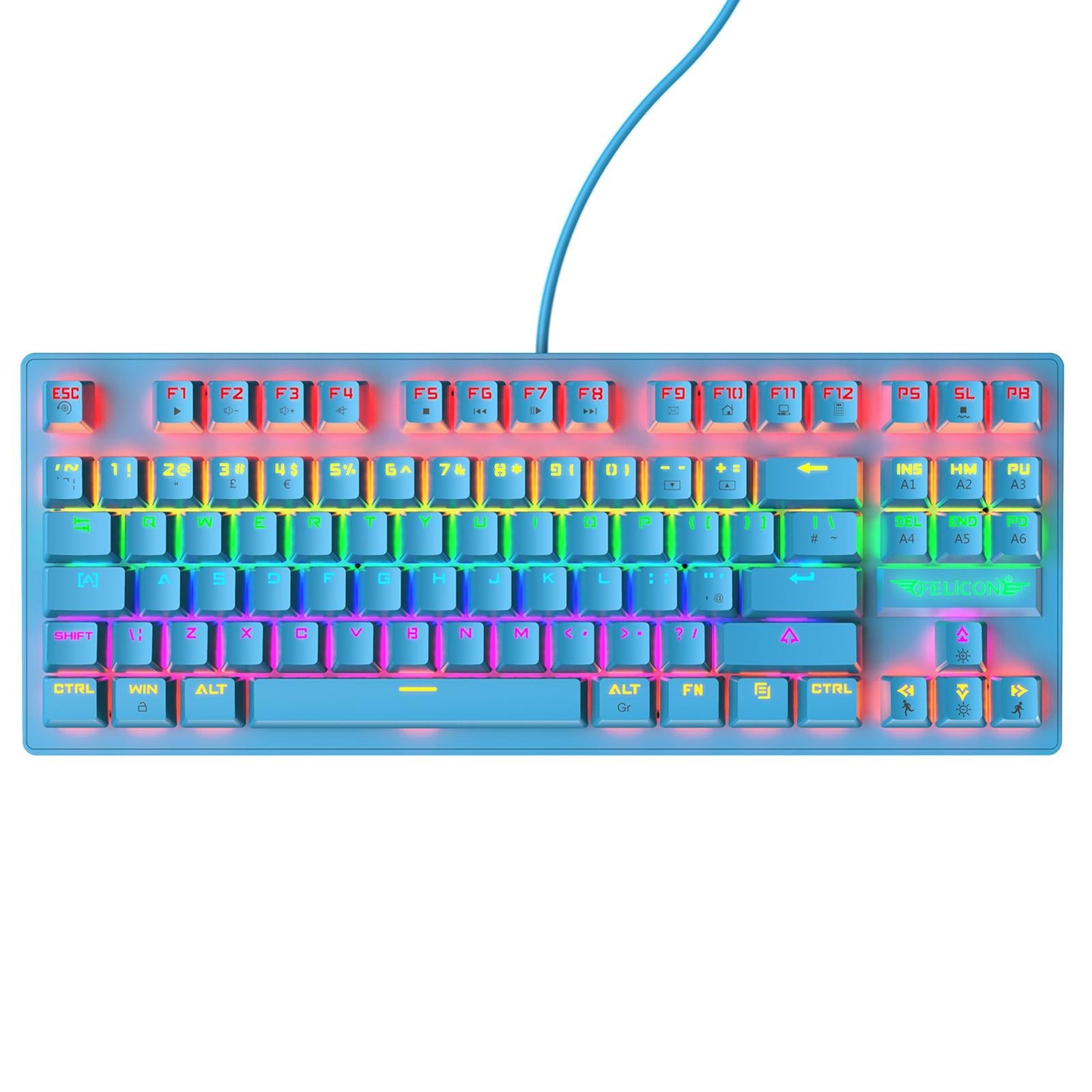 Wired Mechanical Gaming Keyboard Rainbow Backlit Windows Gamer 88 keys blue