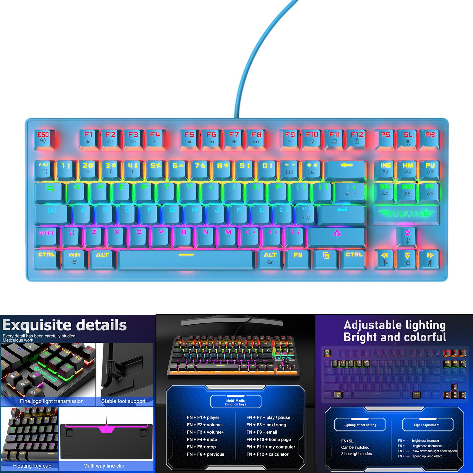 Wired Mechanical Gaming Keyboard Rainbow Backlit Windows Gamer 88 keys blue