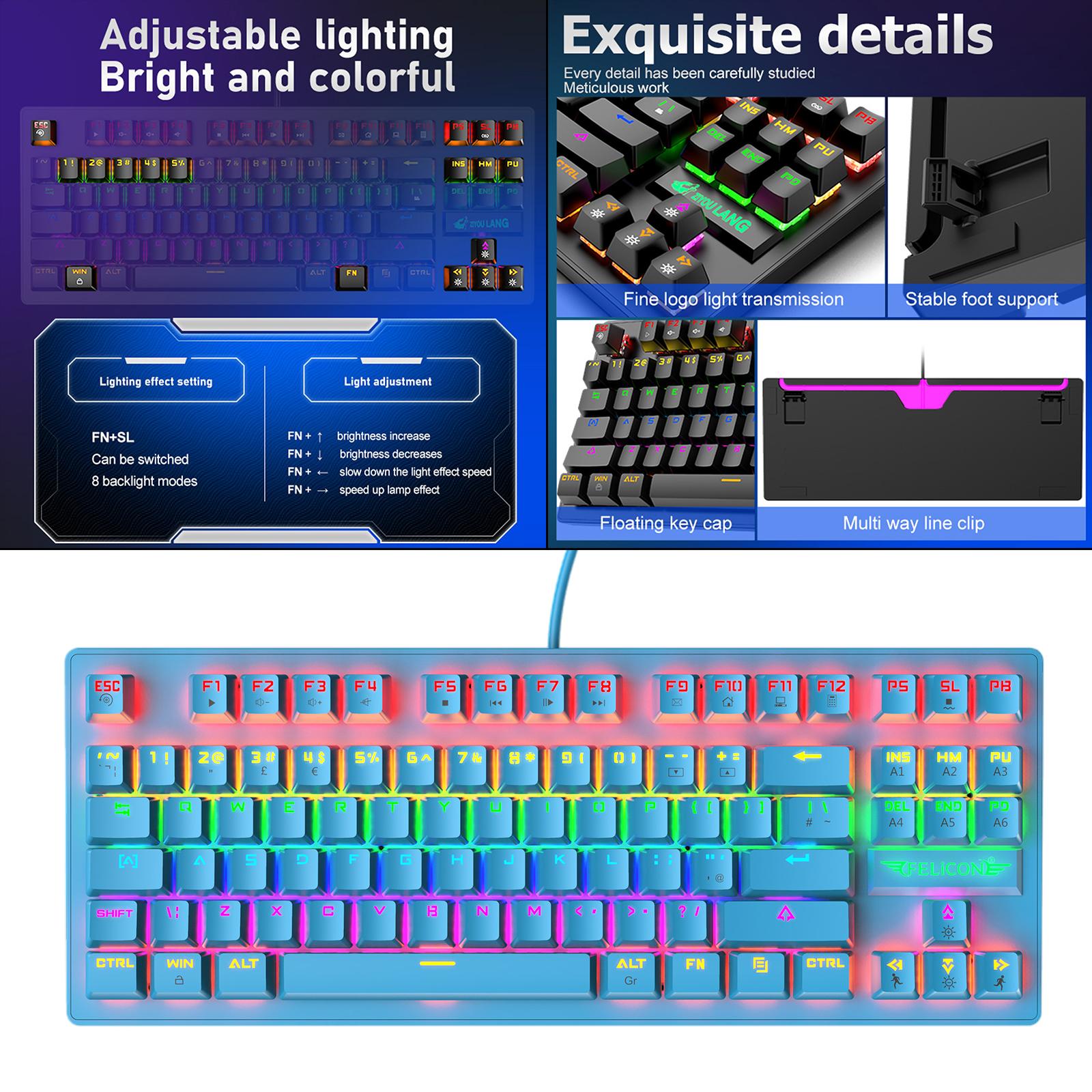 Wired Mechanical Gaming Keyboard Rainbow Backlit Windows Gamer 88 keys blue