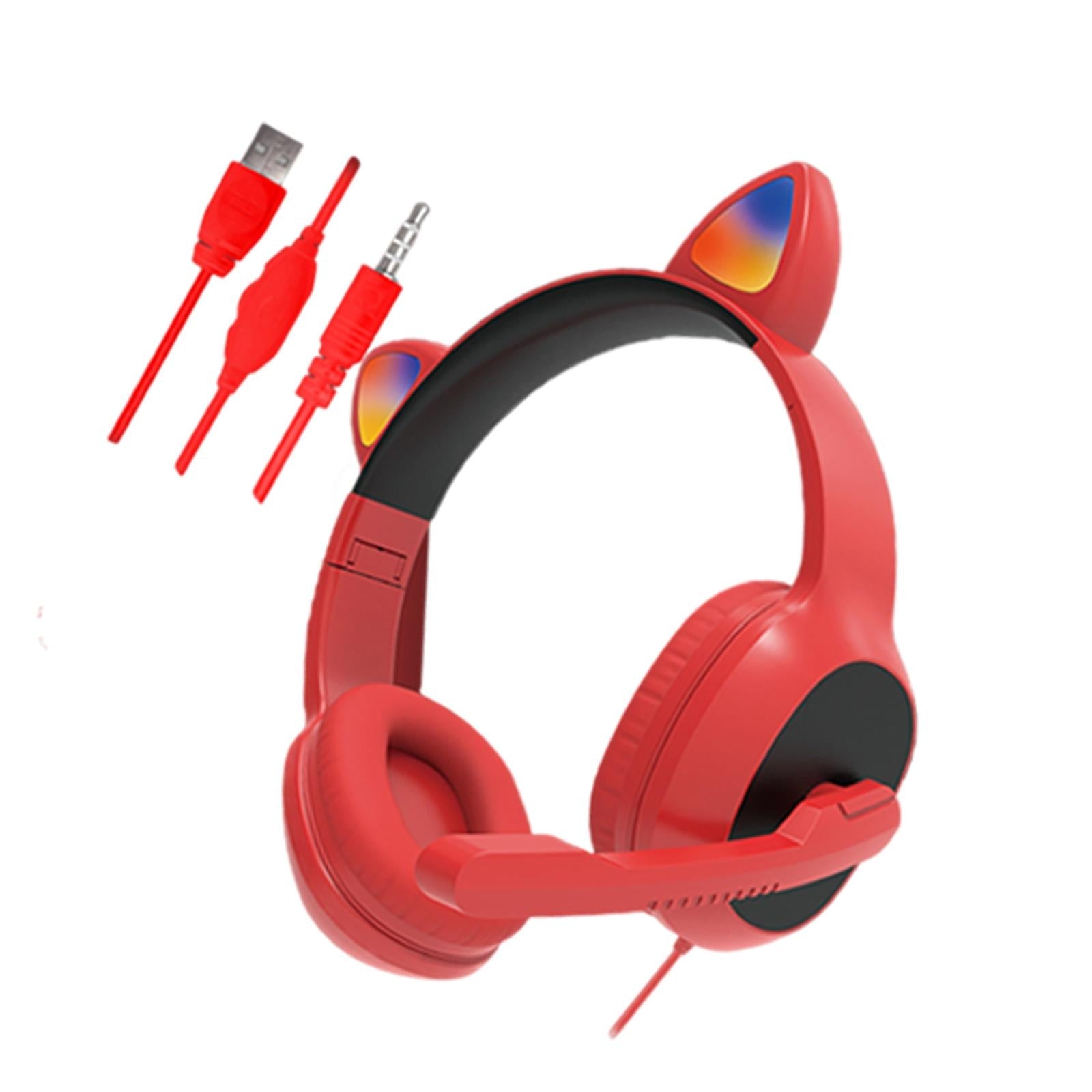 USB Cat Ear Wired Headset for PC Games Laptop TV Smartphones  red