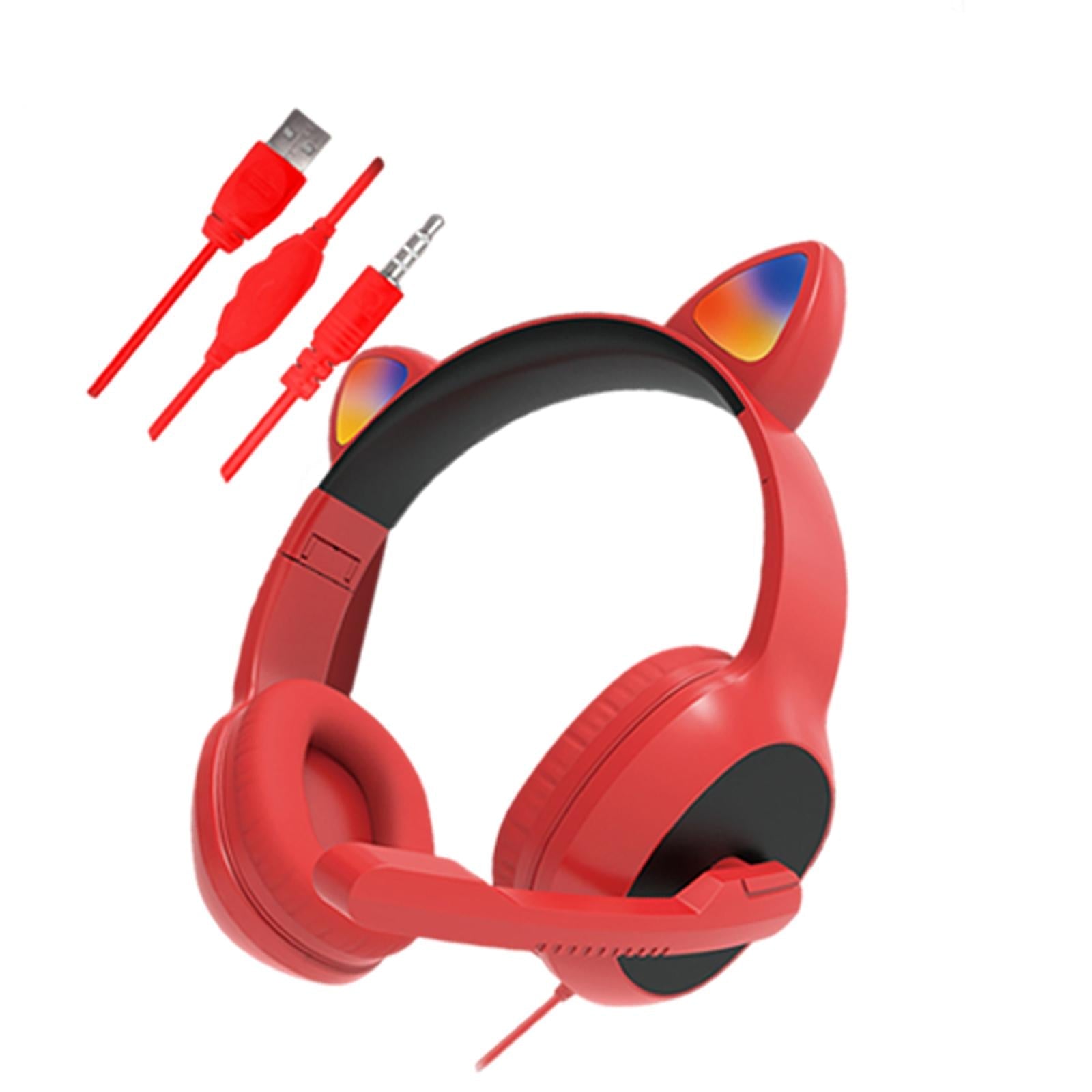 USB Cat Ear Wired Headset for PC Games Laptop TV Smartphones  red