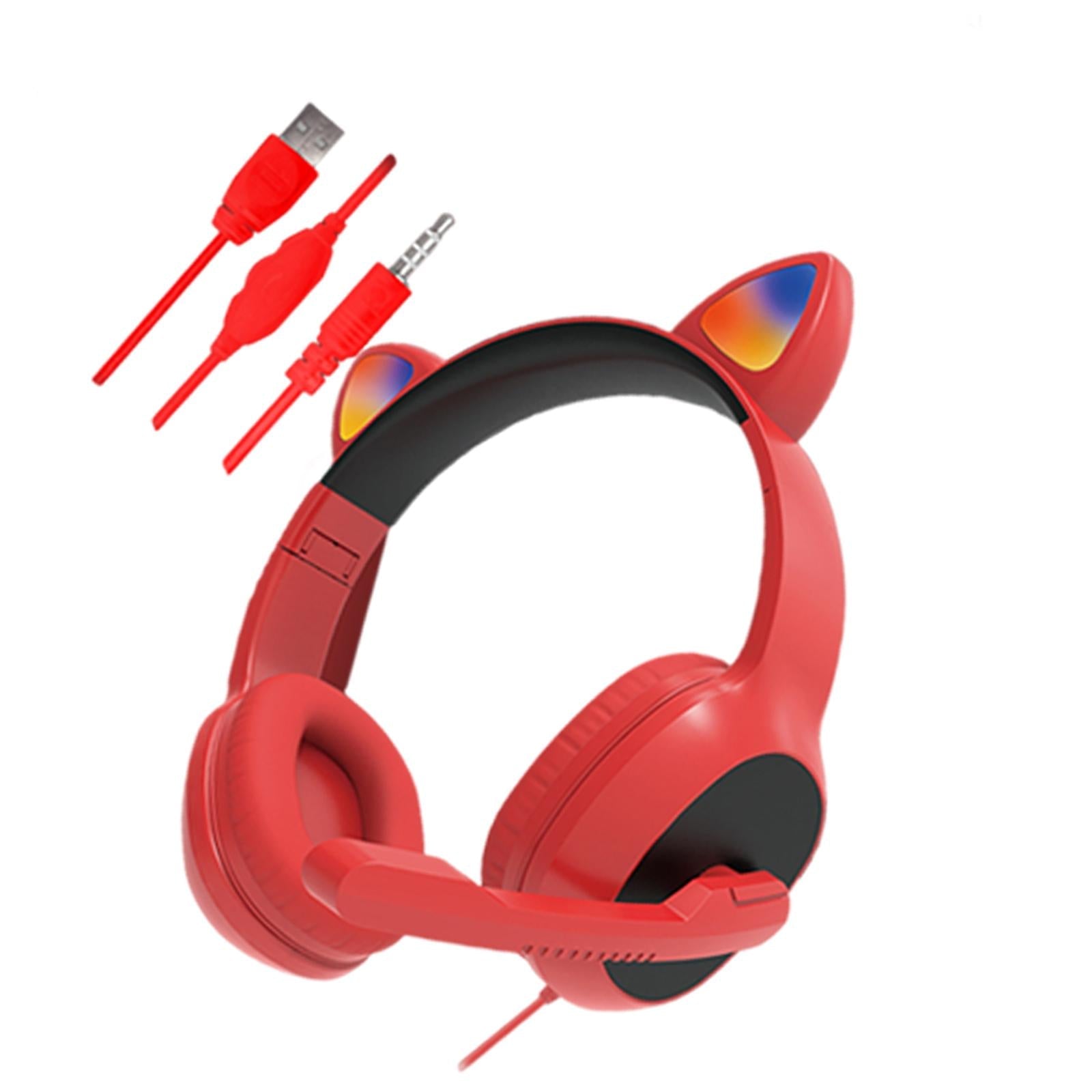 USB Cat Ear Wired Headset for PC Games Laptop TV Smartphones  red