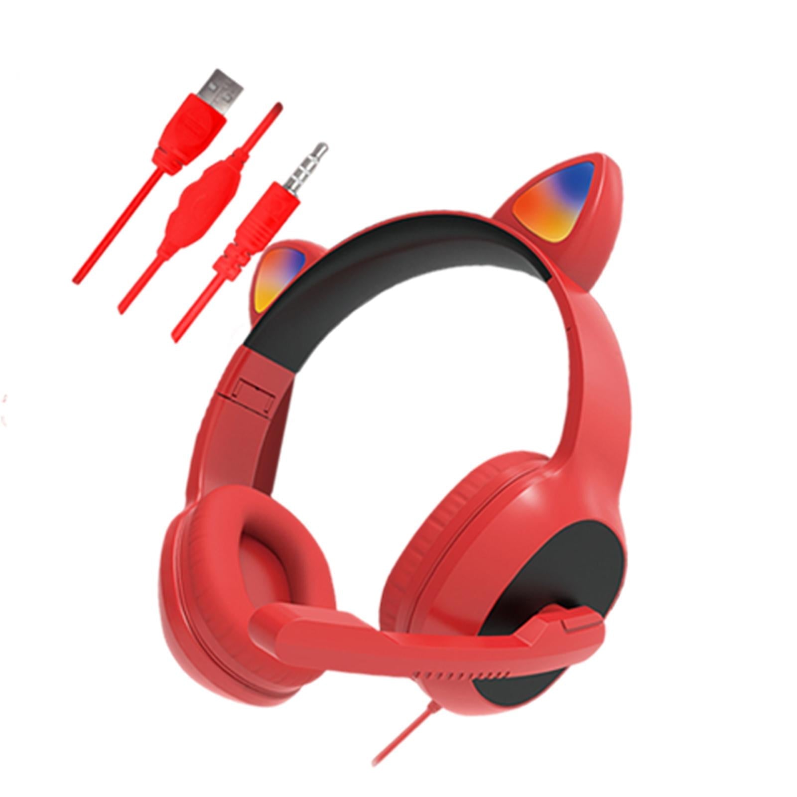 USB Cat Ear Wired Headset for PC Games Laptop TV Smartphones  red