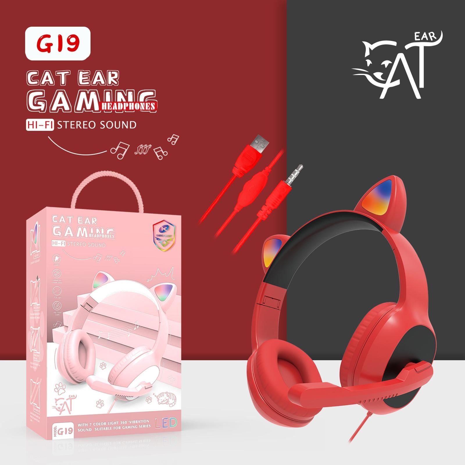 USB Cat Ear Wired Headset for PC Games Laptop TV Smartphones  red