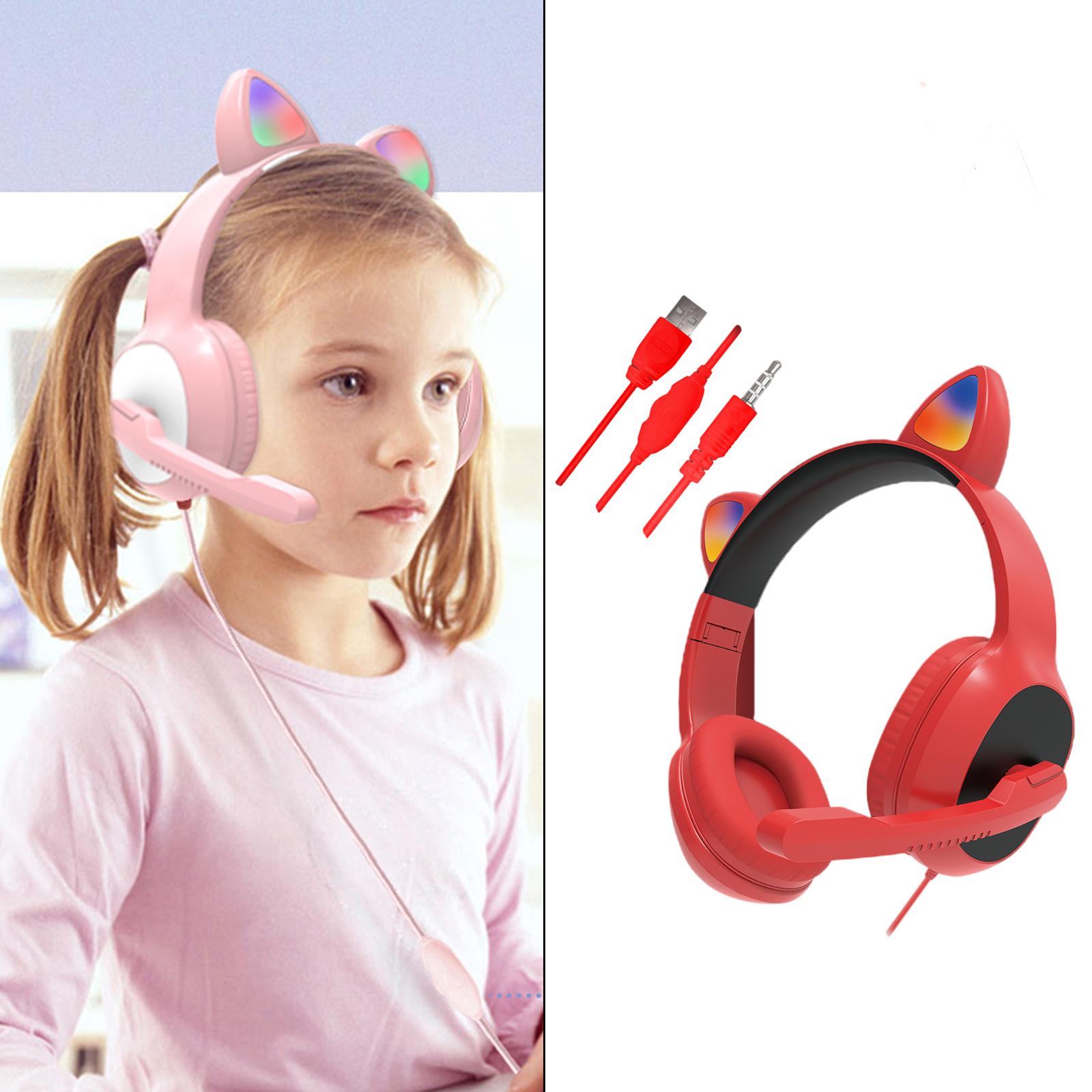 USB Cat Ear Wired Headset for PC Games Laptop TV Smartphones  red