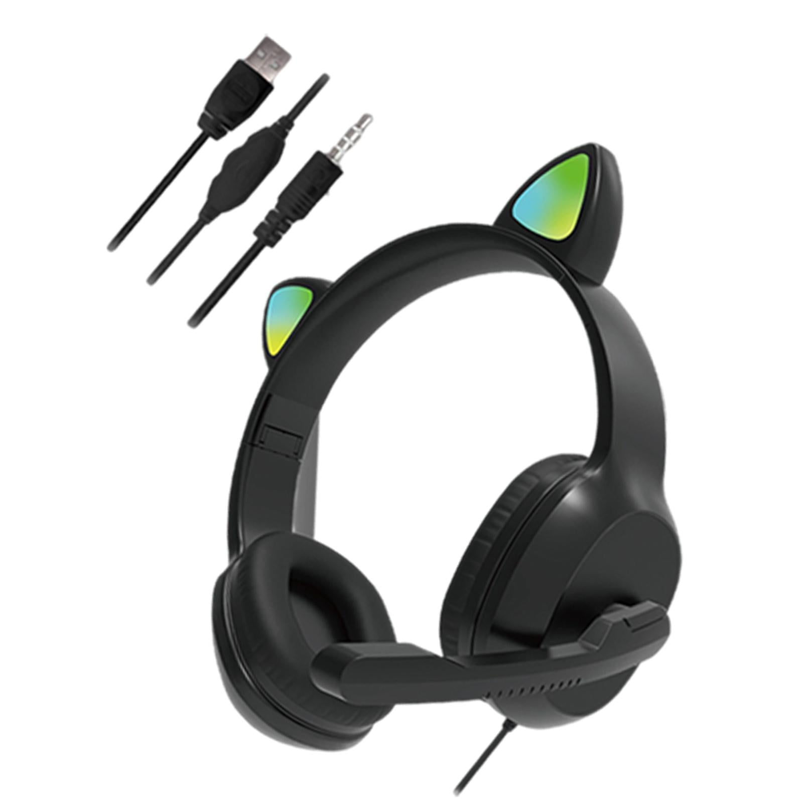 USB Cat Ear Wired Headset for PC Games Laptop TV Smartphones  black