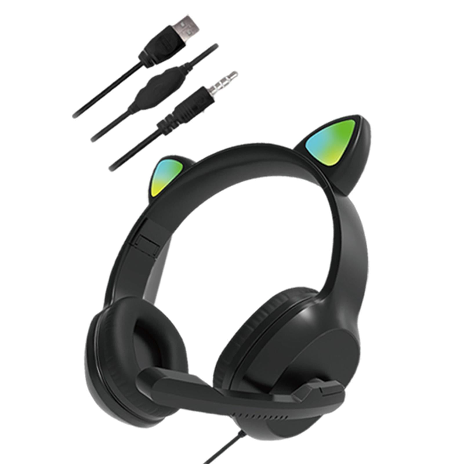 USB Cat Ear Wired Headset for PC Games Laptop TV Smartphones  black