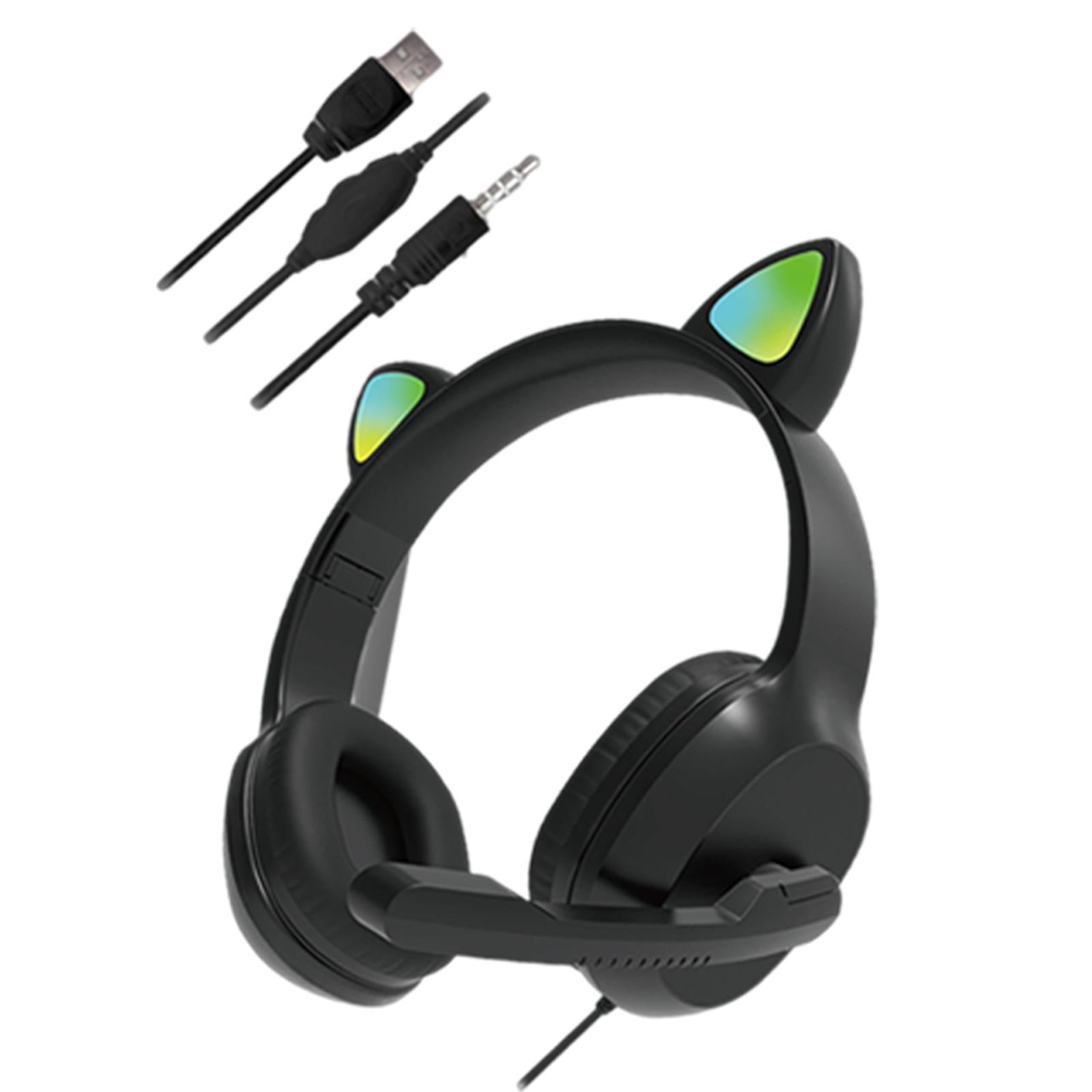 USB Cat Ear Wired Headset for PC Games Laptop TV Smartphones  black