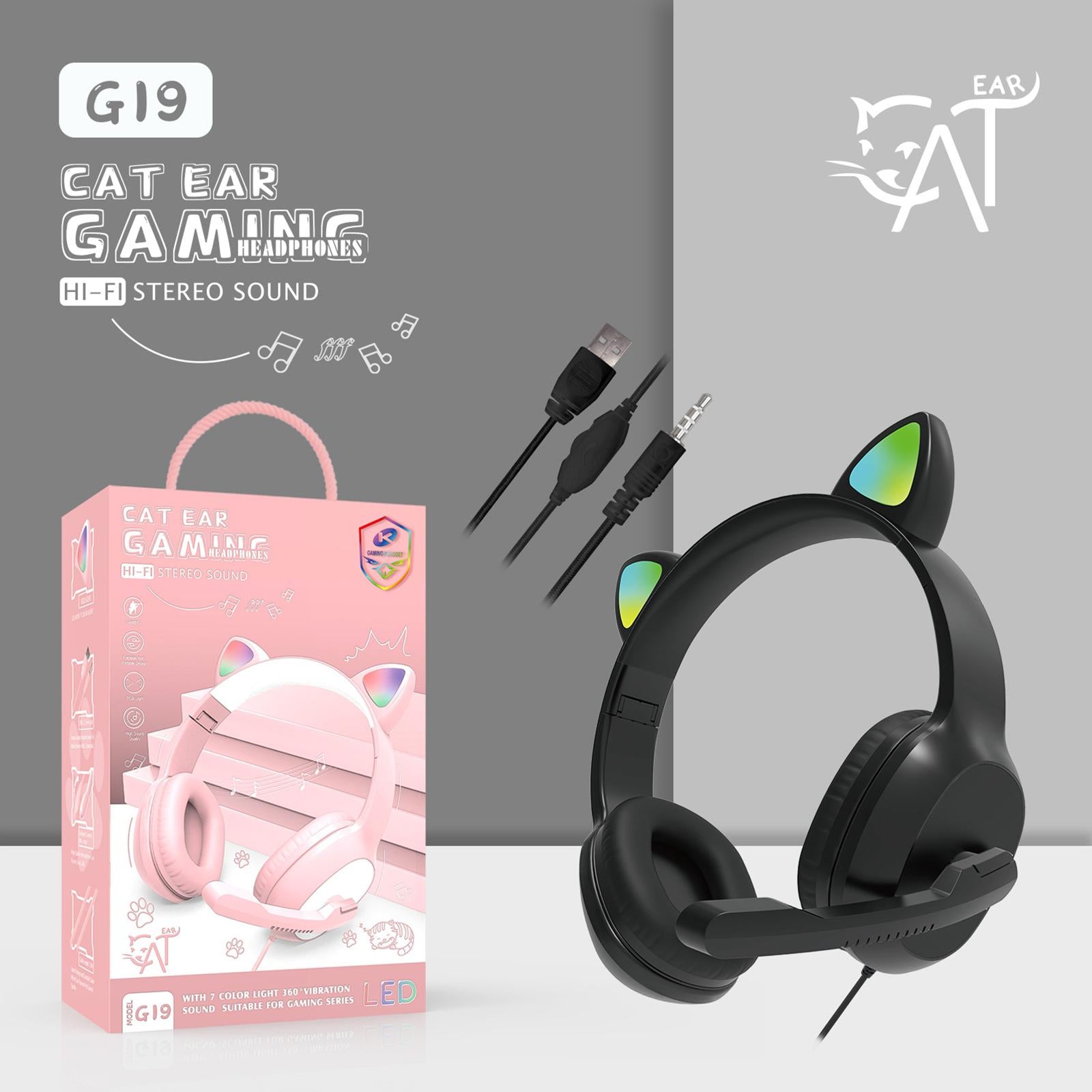 USB Cat Ear Wired Headset for PC Games Laptop TV Smartphones  black