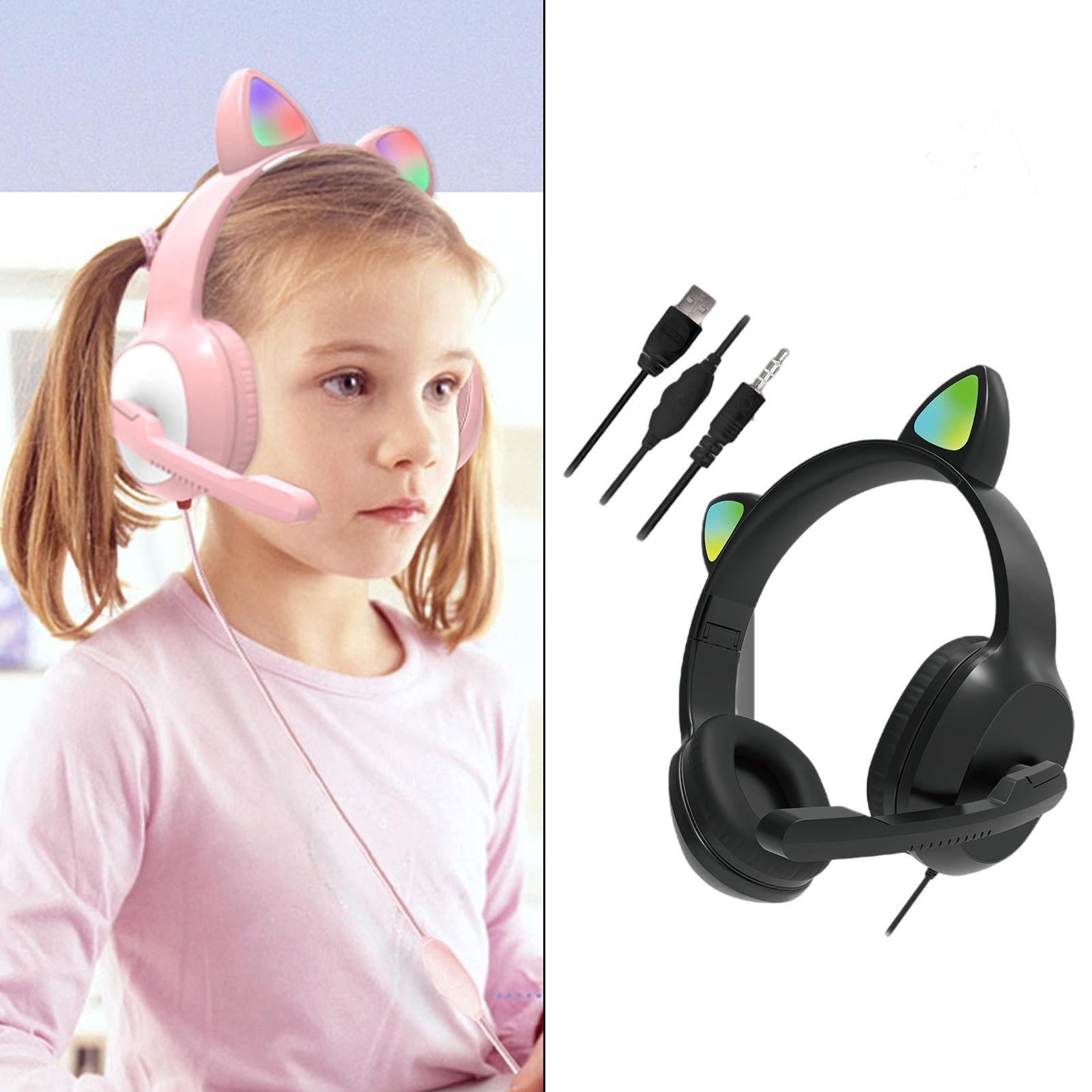 USB Cat Ear Wired Headset for PC Games Laptop TV Smartphones  black