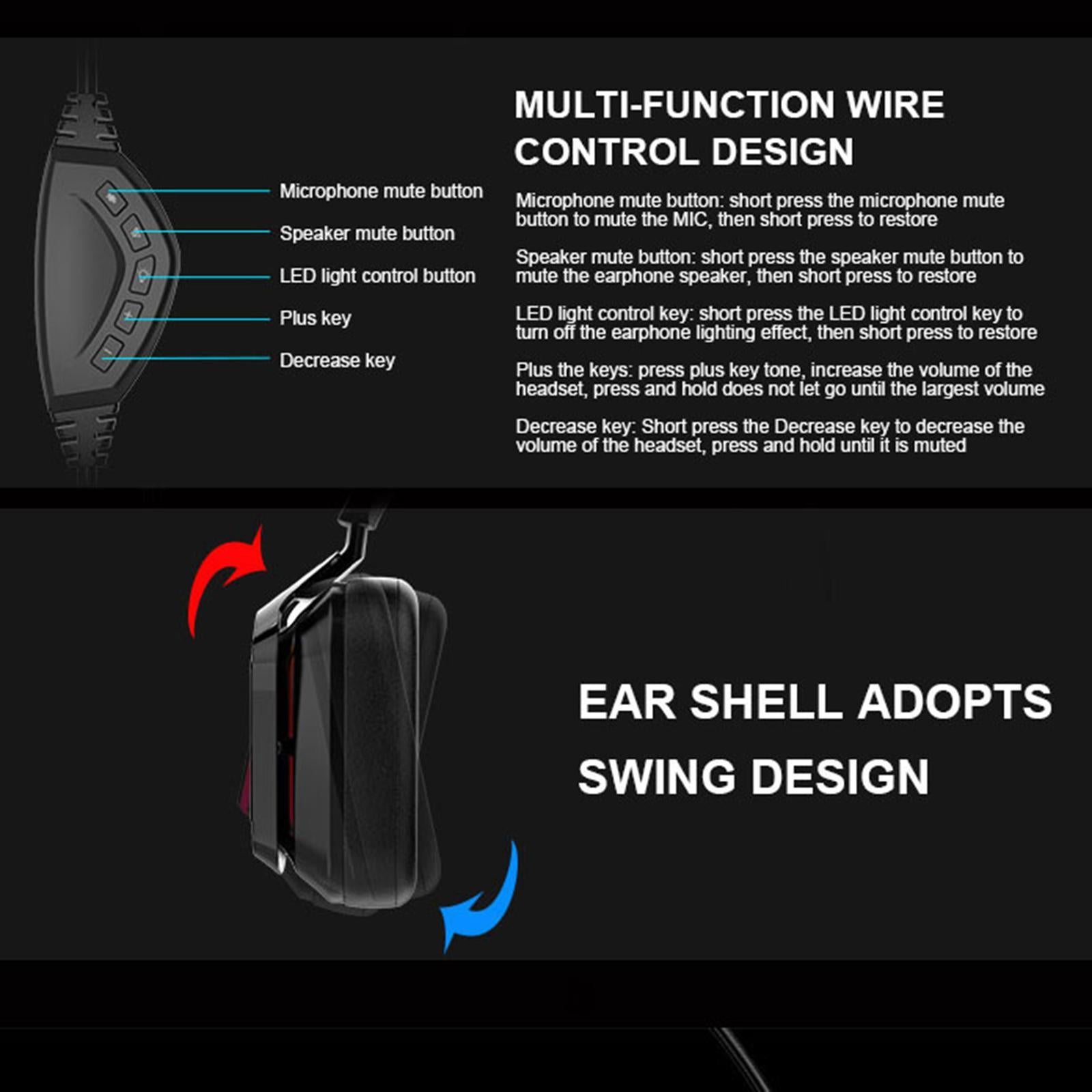 LED Colorful Over Ear Gaming Headset Headphones with Mic Black 3.5mm