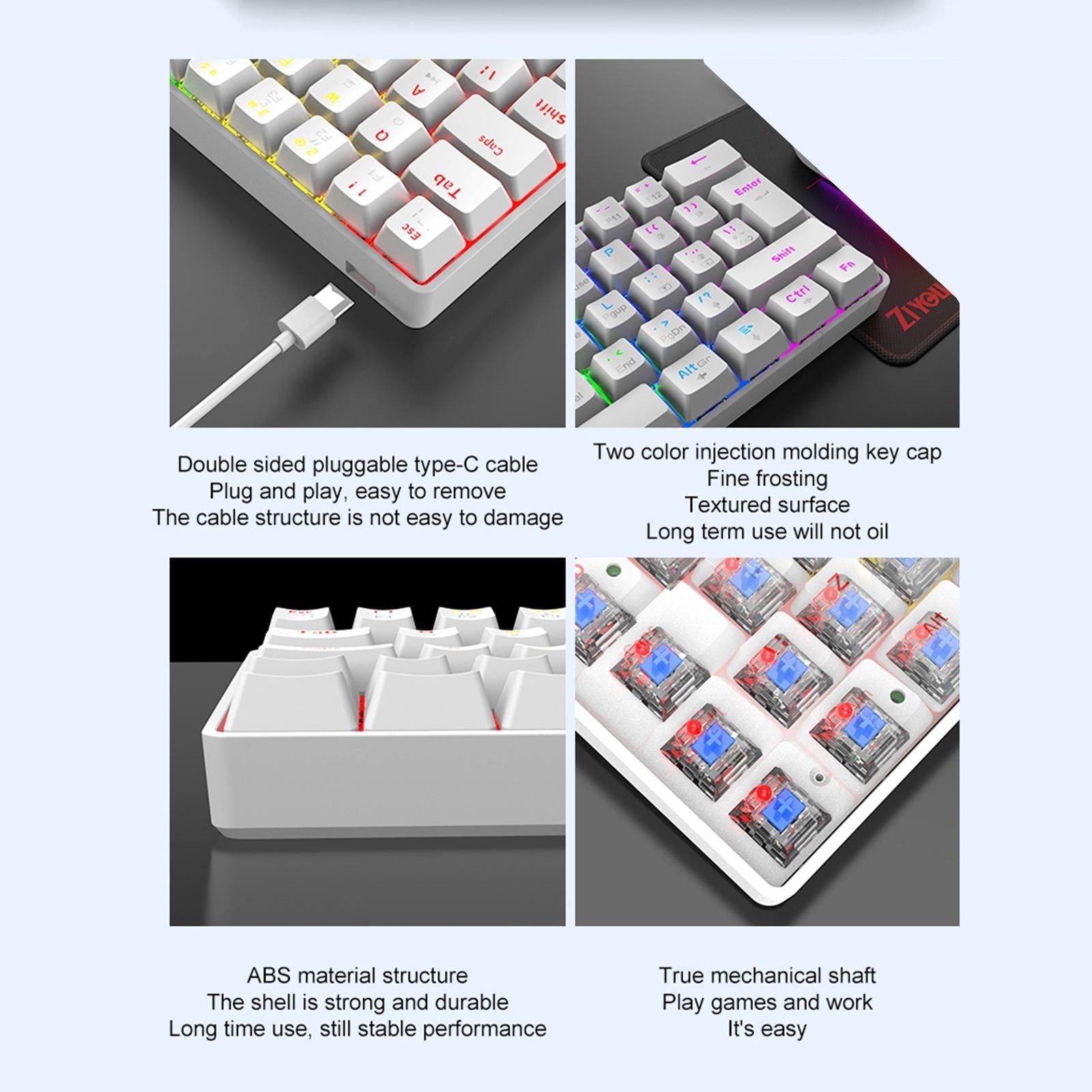 Wired 62Keys Mechanical Gaming Keyboard Backlit for Gaming Typing  white Red switch