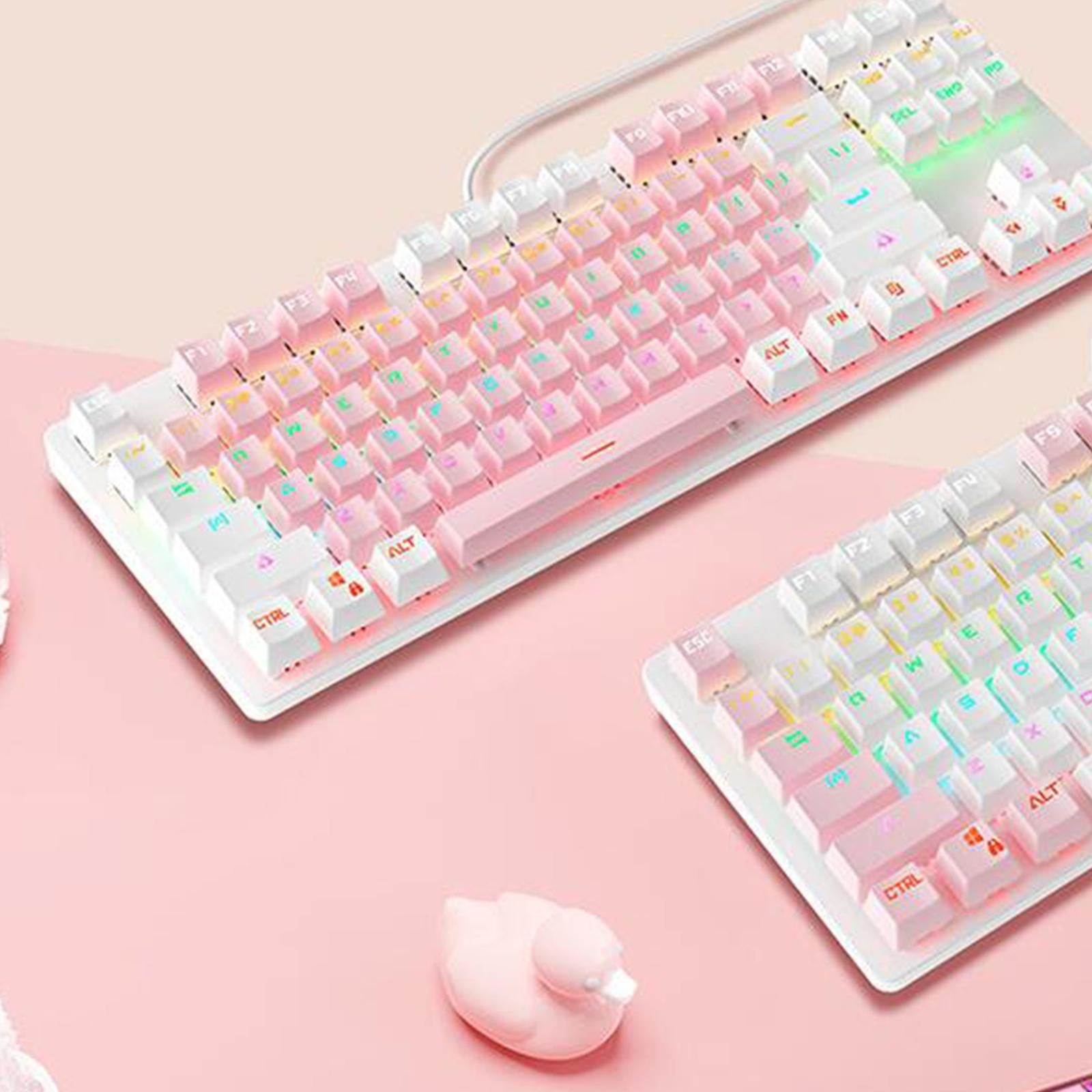 USB 87 Keys Blue Axis Cute Wired Gaming Keyboard Quiet Design White+Pink