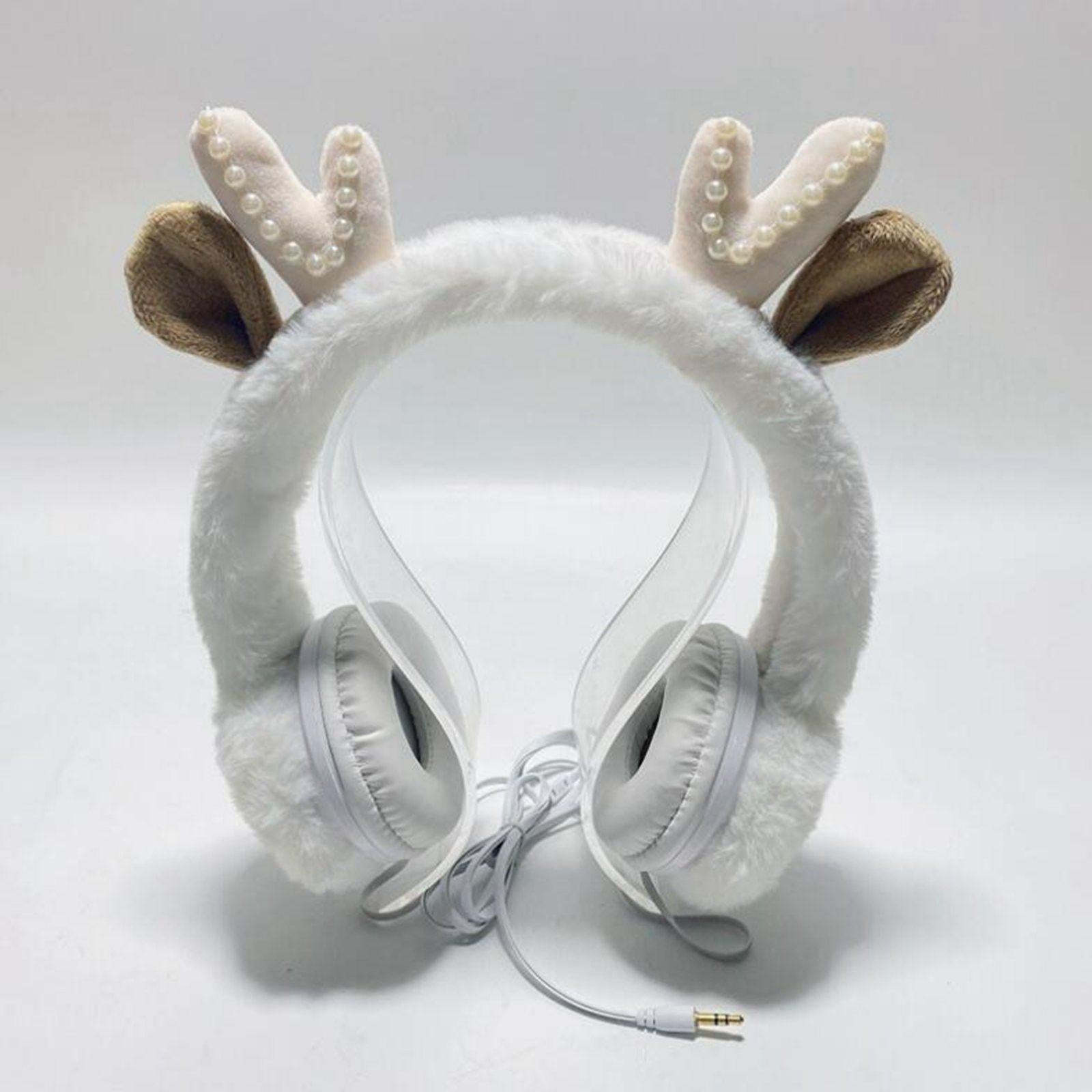 Wired Plush Antlers Headset with Microphone HiFi for Gaming Kid Adult White