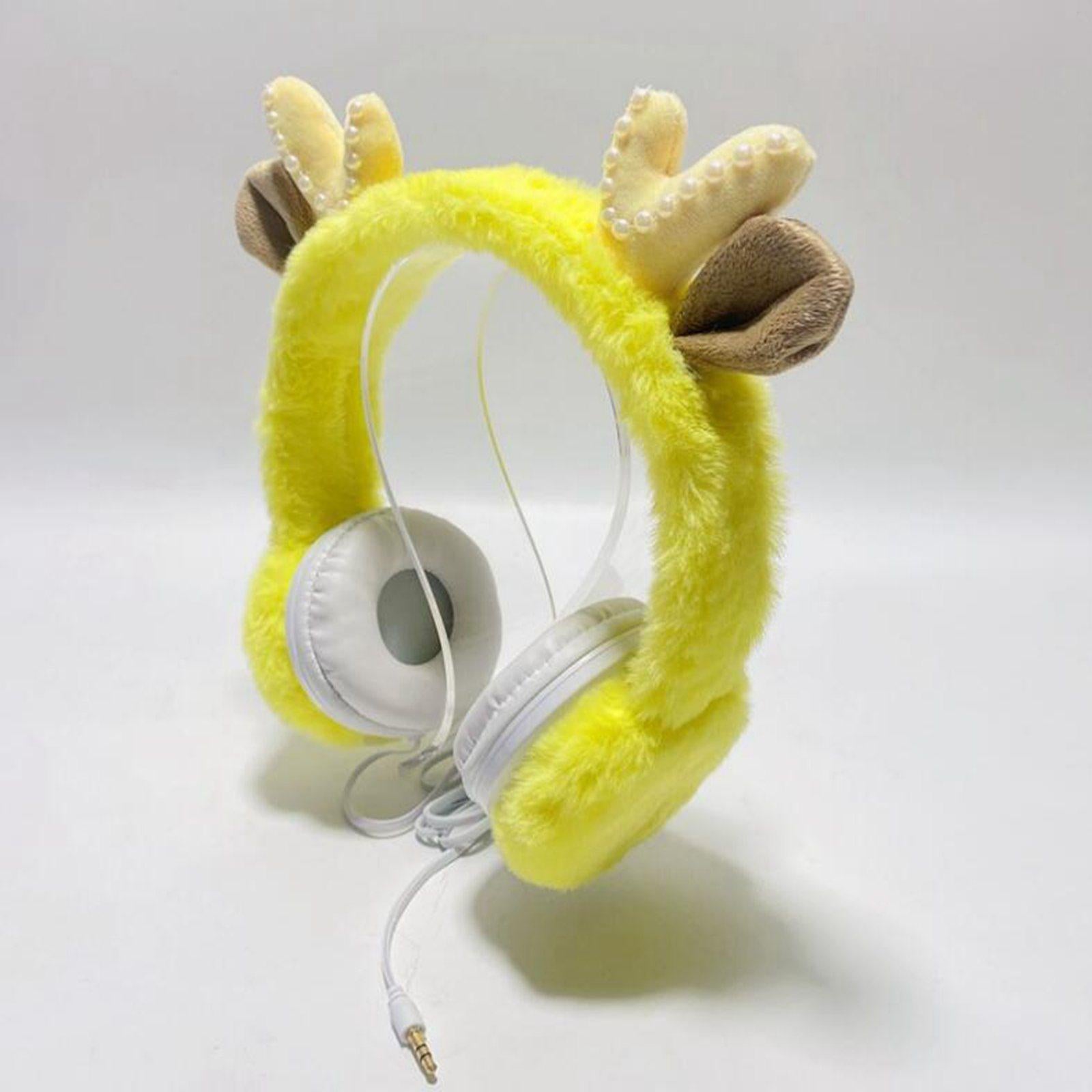 Wired Plush Antlers Headset with Microphone HiFi for Gaming Kid Adult Yellow