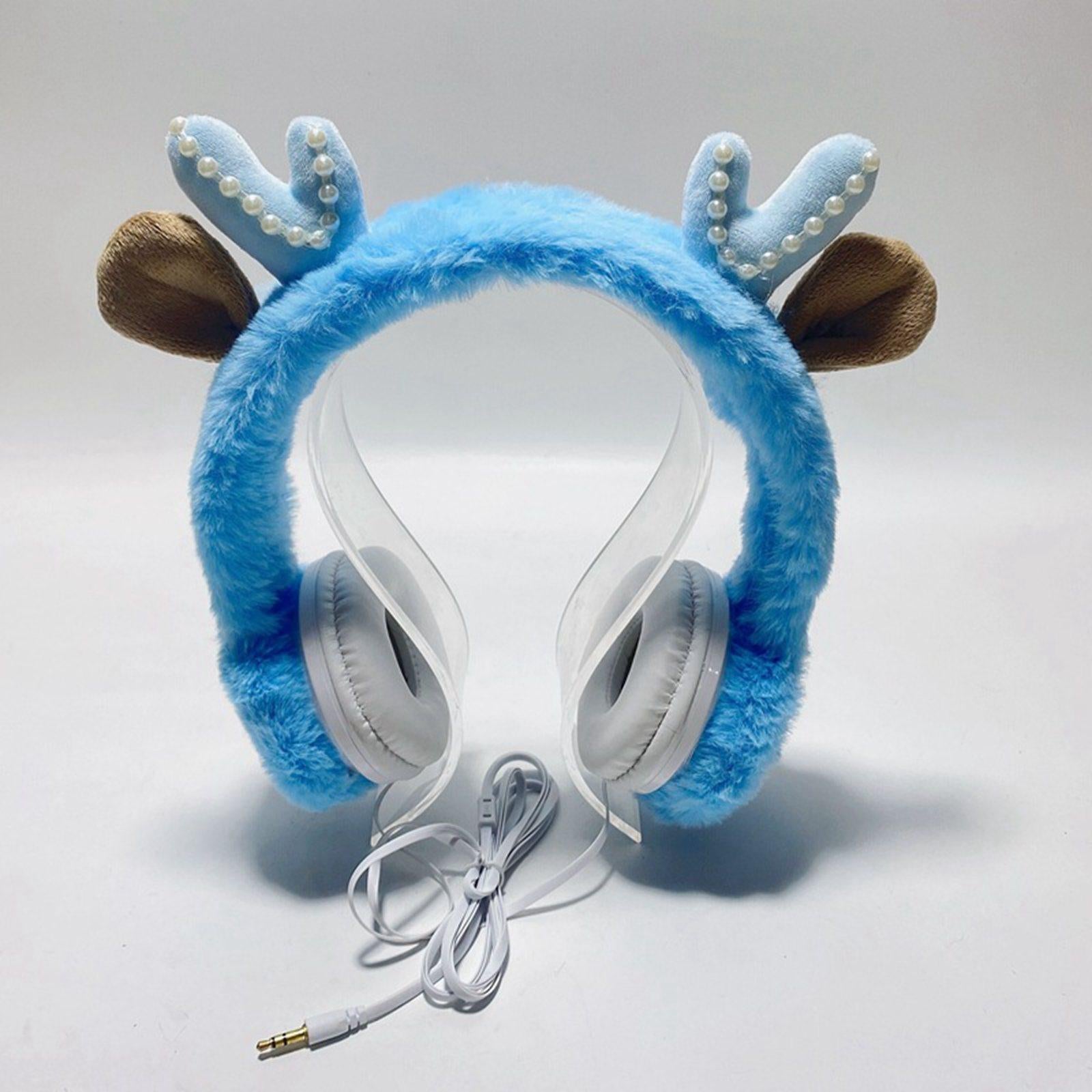 Wired Plush Antlers Headset with Microphone HiFi for Gaming Kid Adult Blue