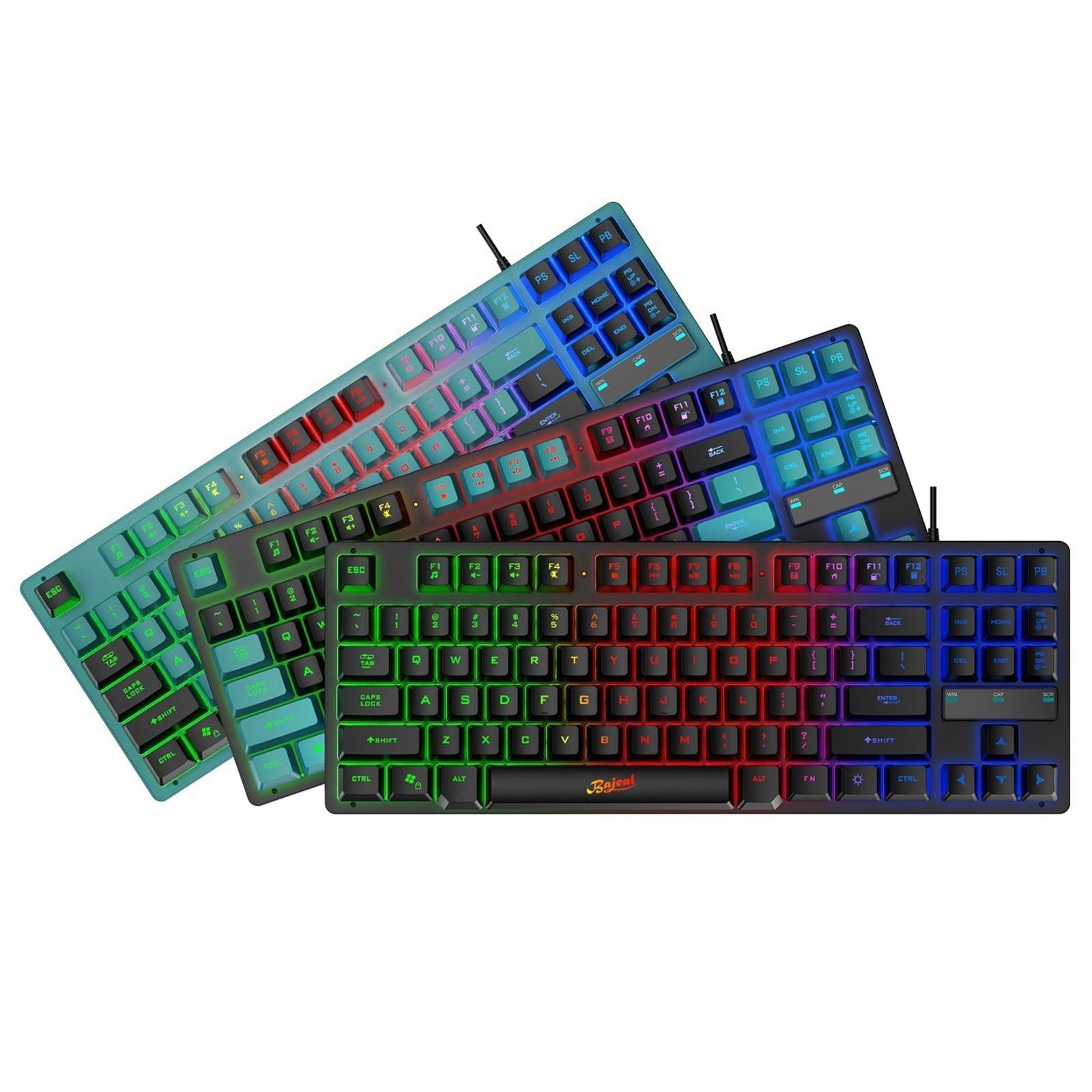 USB Gaming Keyboards 87 Keys Rainbow LED 3 Colors Backlit for PC Blue Black