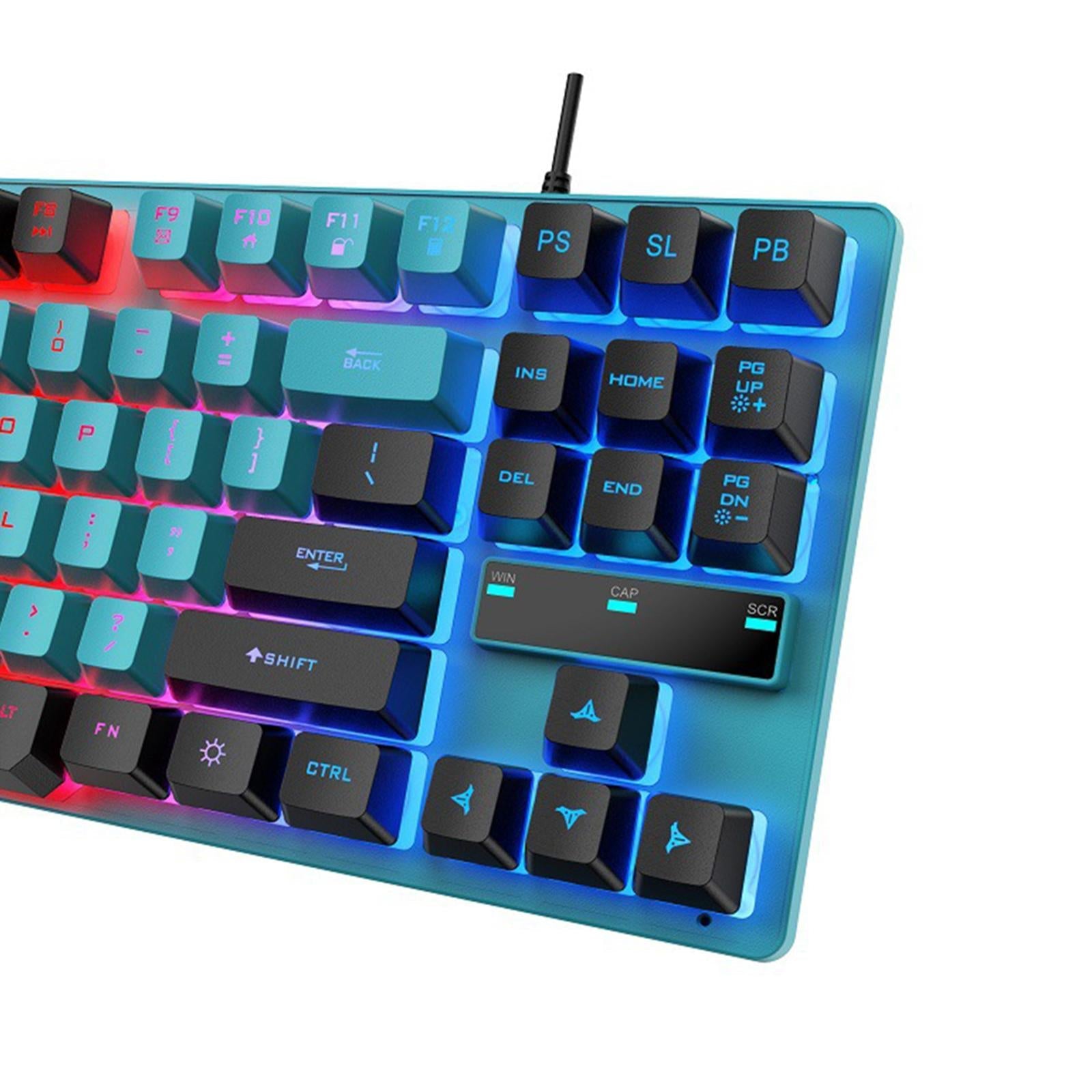 USB Gaming Keyboards 87 Keys Rainbow LED 3 Colors Backlit for PC Blue Black