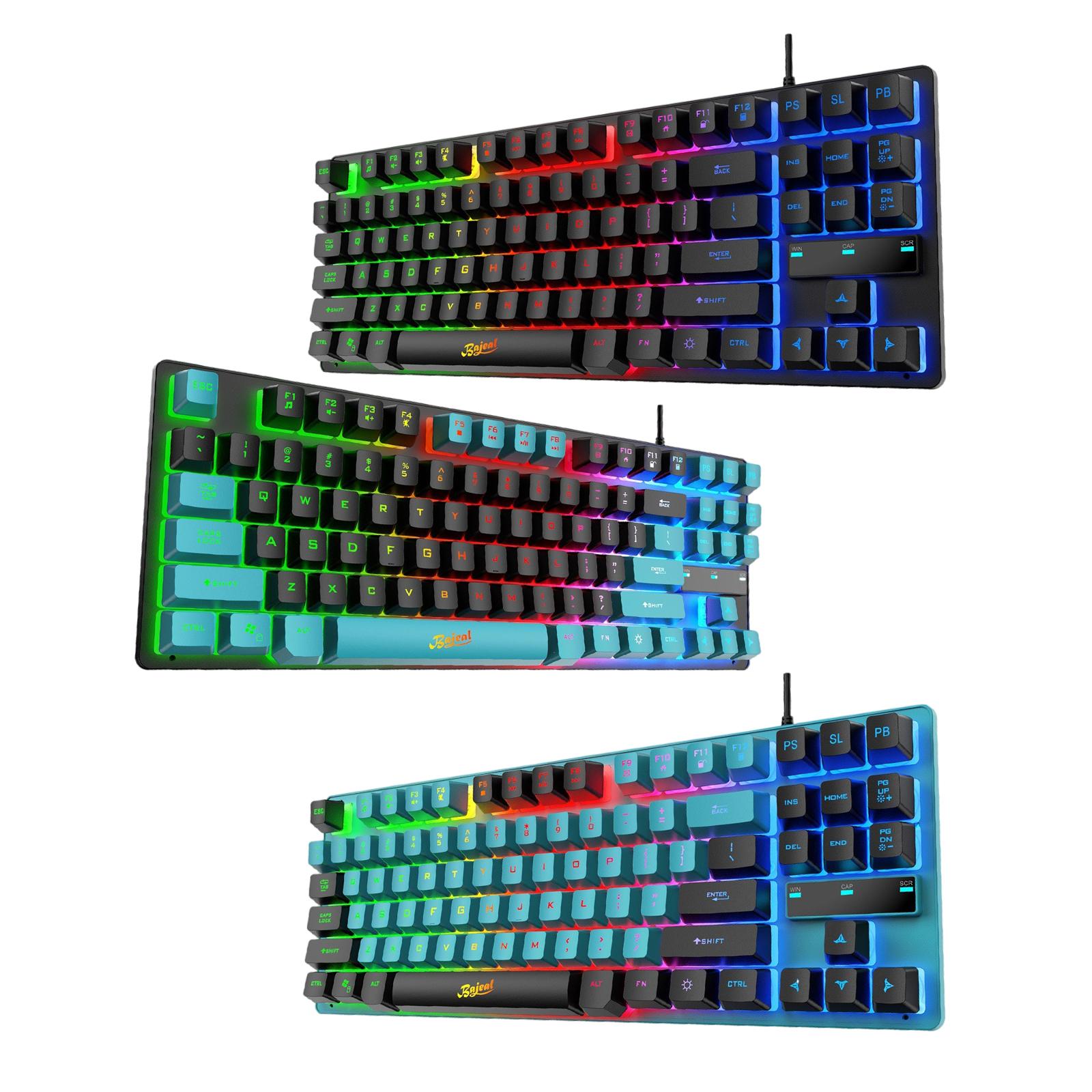 USB Gaming Keyboards 87 Keys Rainbow LED 3 Colors Backlit for PC Blue Black