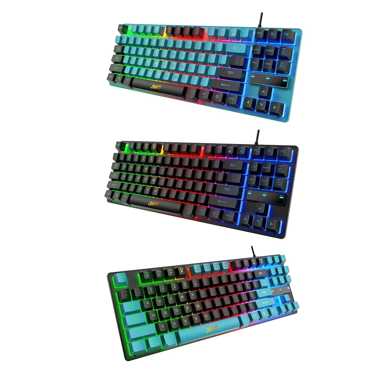 USB Gaming Keyboards 87 Keys Rainbow LED 3 Colors Backlit for PC Blue Black