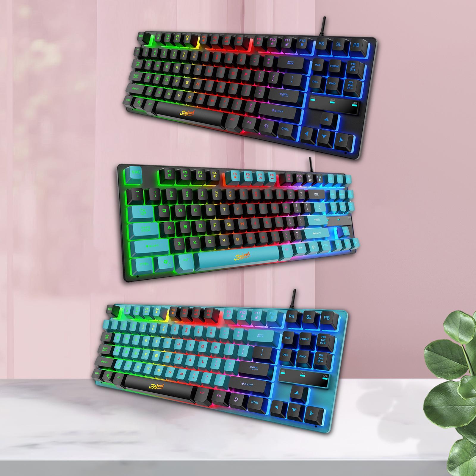 USB Gaming Keyboards 87 Keys Rainbow LED 3 Colors Backlit for PC Blue Black