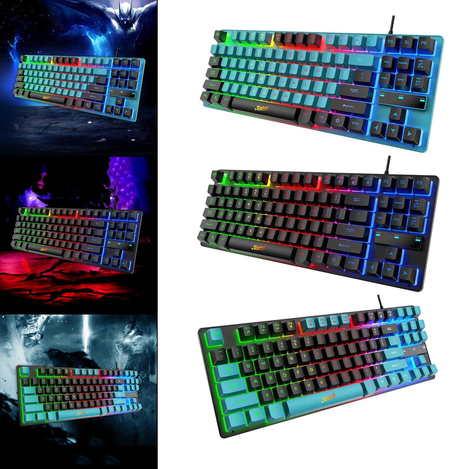 USB Gaming Keyboards 87 Keys Rainbow LED 3 Colors Backlit for PC Blue Black