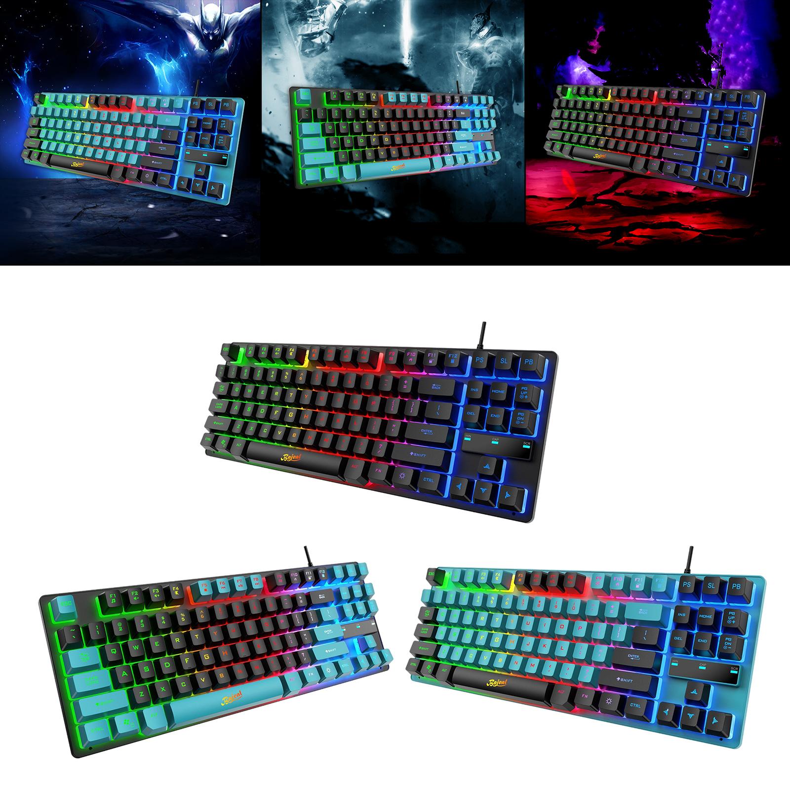 USB Gaming Keyboards 87 Keys Rainbow LED 3 Colors Backlit for PC Blue Black