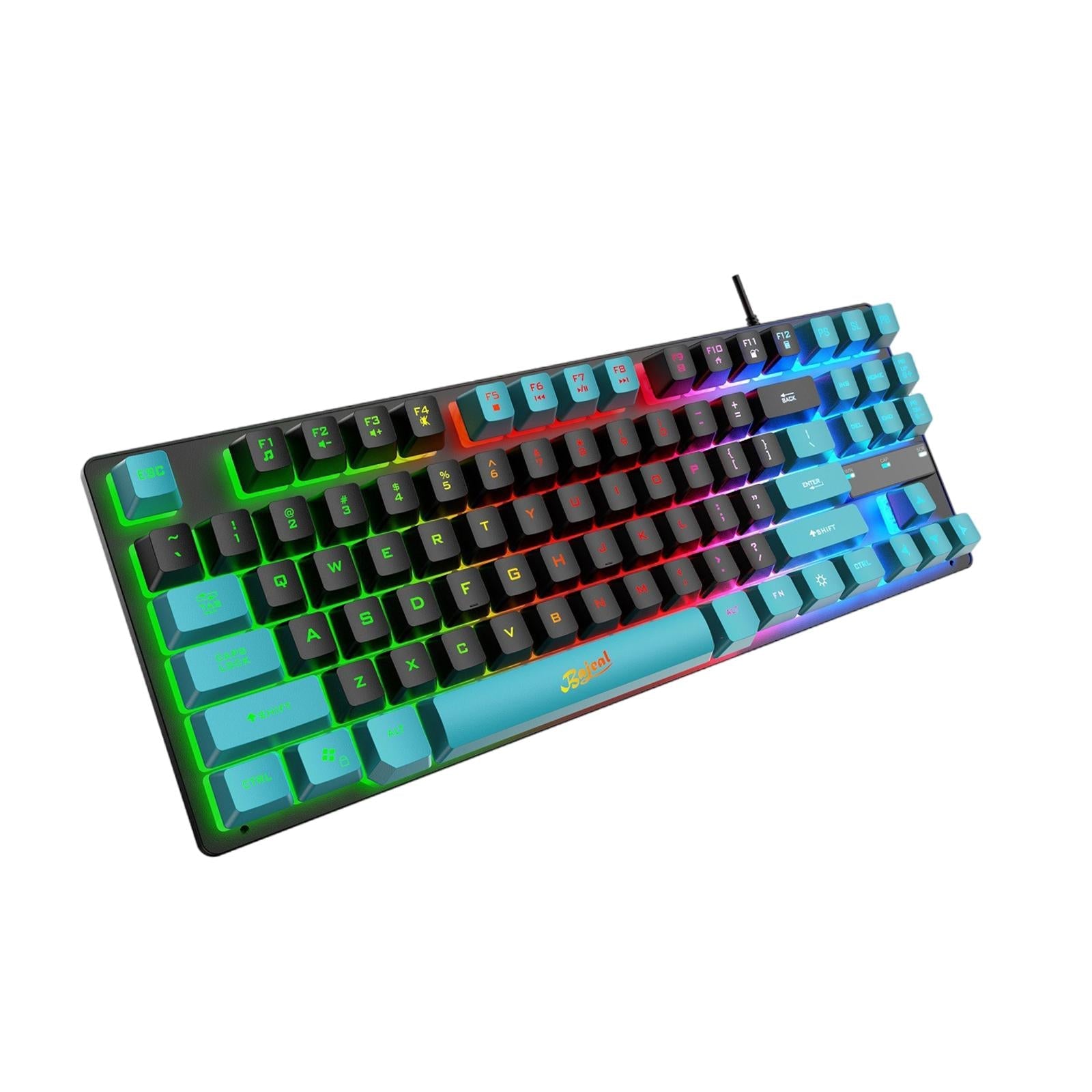 USB Gaming Keyboards 87 Keys Rainbow LED 3 Colors Backlit for PC Black Blue