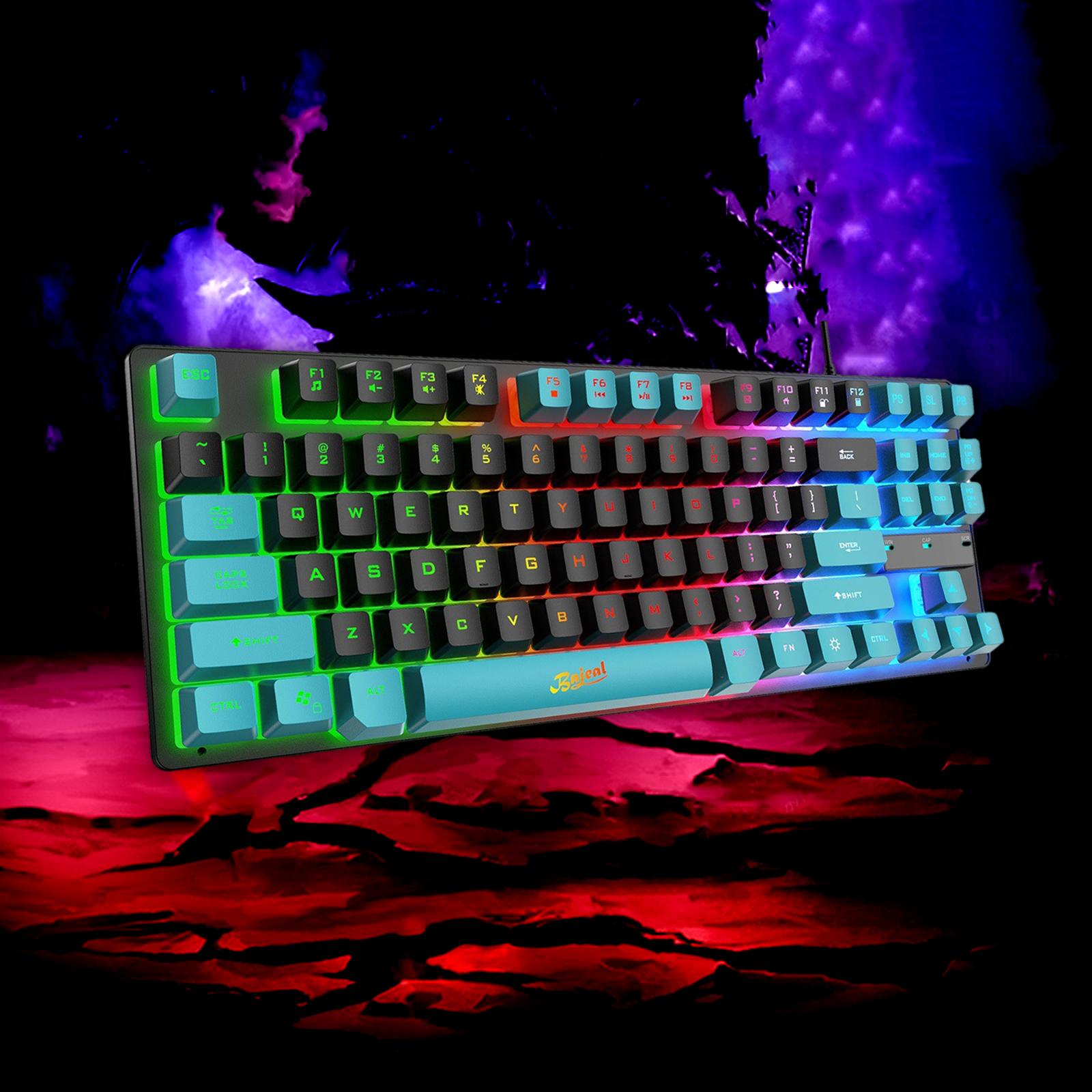 USB Gaming Keyboards 87 Keys Rainbow LED 3 Colors Backlit for PC Black Blue