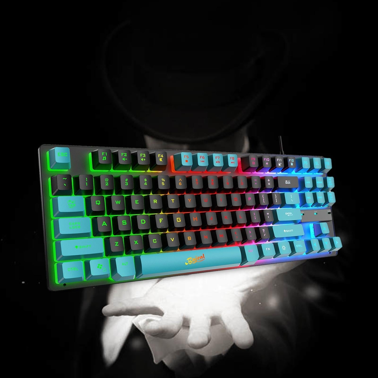 USB Gaming Keyboards 87 Keys Rainbow LED 3 Colors Backlit for PC Black Blue