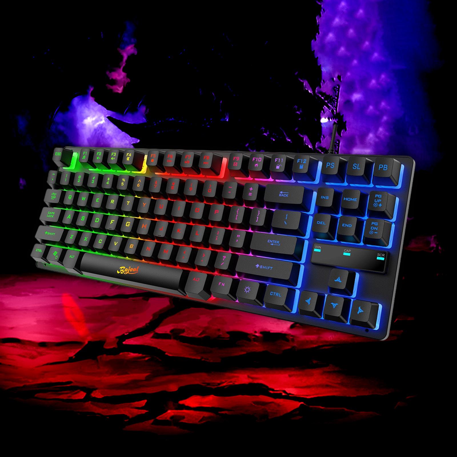 USB Gaming Keyboards 87 Keys Rainbow LED 3 Colors Backlit for PC Black