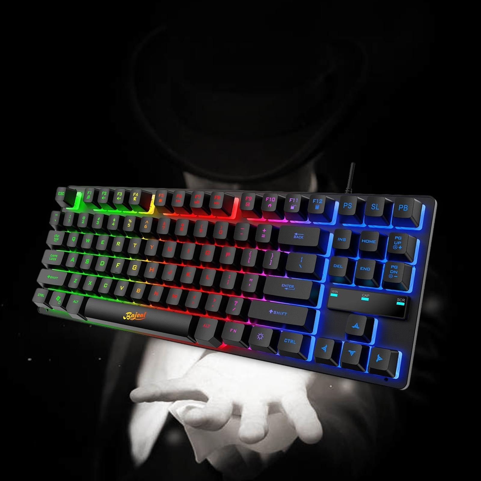 USB Gaming Keyboards 87 Keys Rainbow LED 3 Colors Backlit for PC Black