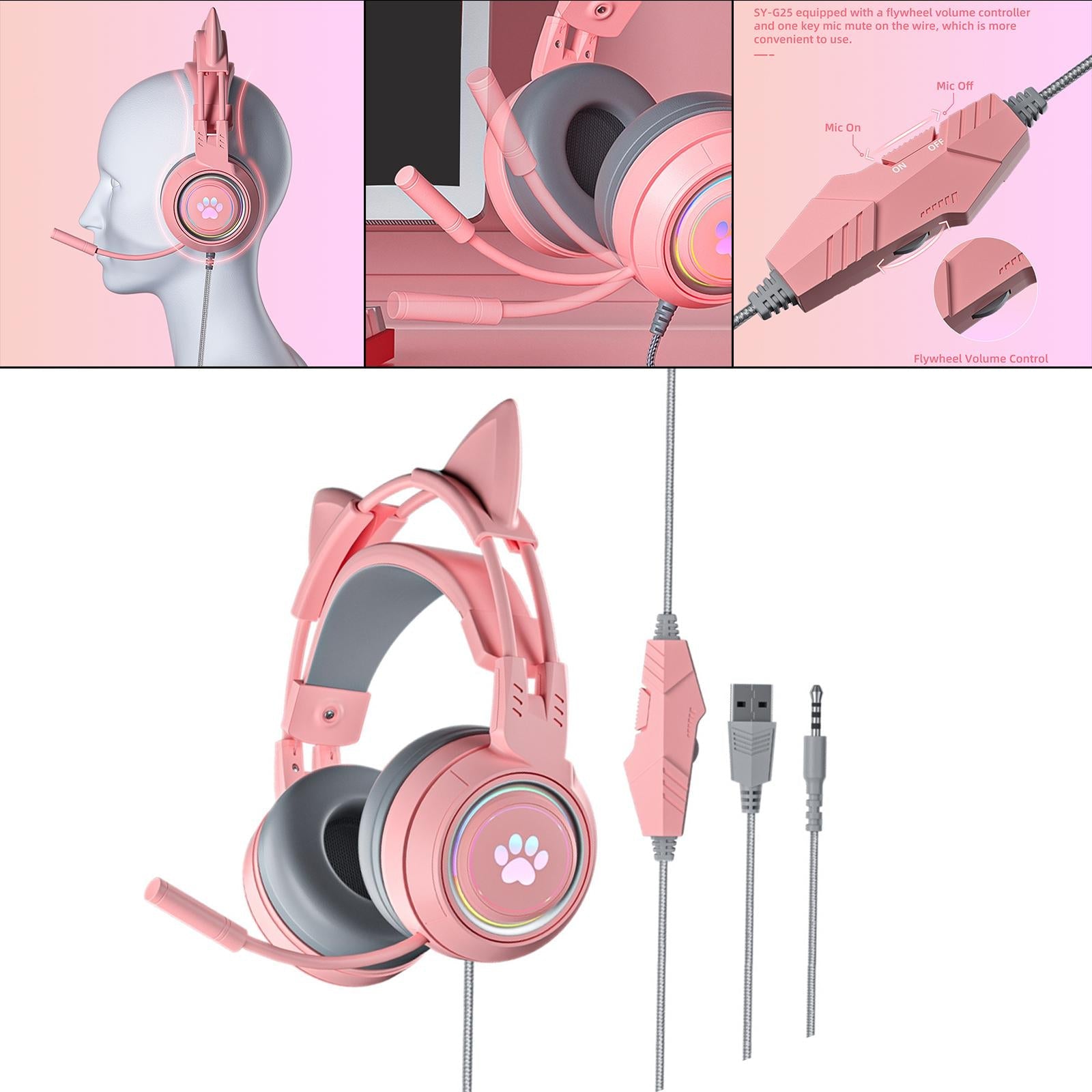 Wired Gaming Headset Sy-G25 with Mic USB for PC for Android iOS for VR Pink