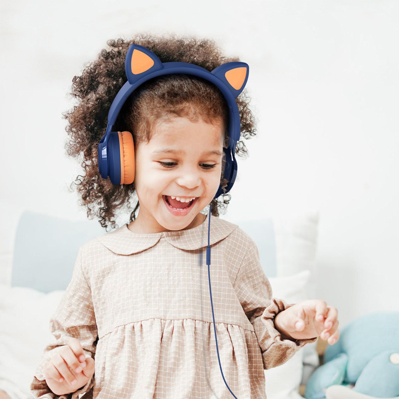 Cat Ear Kids Wired Headphone Earmuffs Adjustable Headband for Children Adult blue