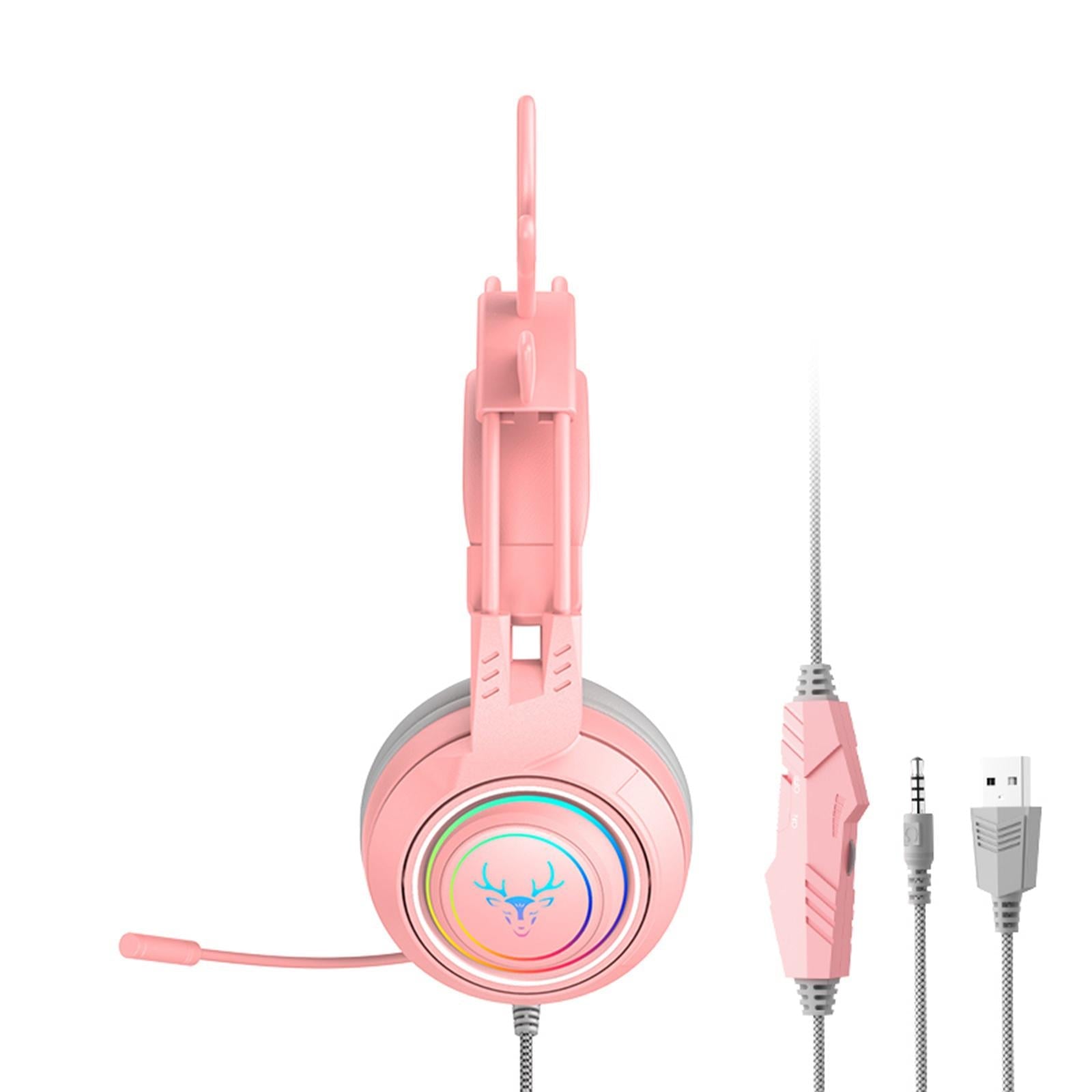 Wired Gaming Headset with Microphone 3.5mm USB Lightweight for Tablet Laptop Pink