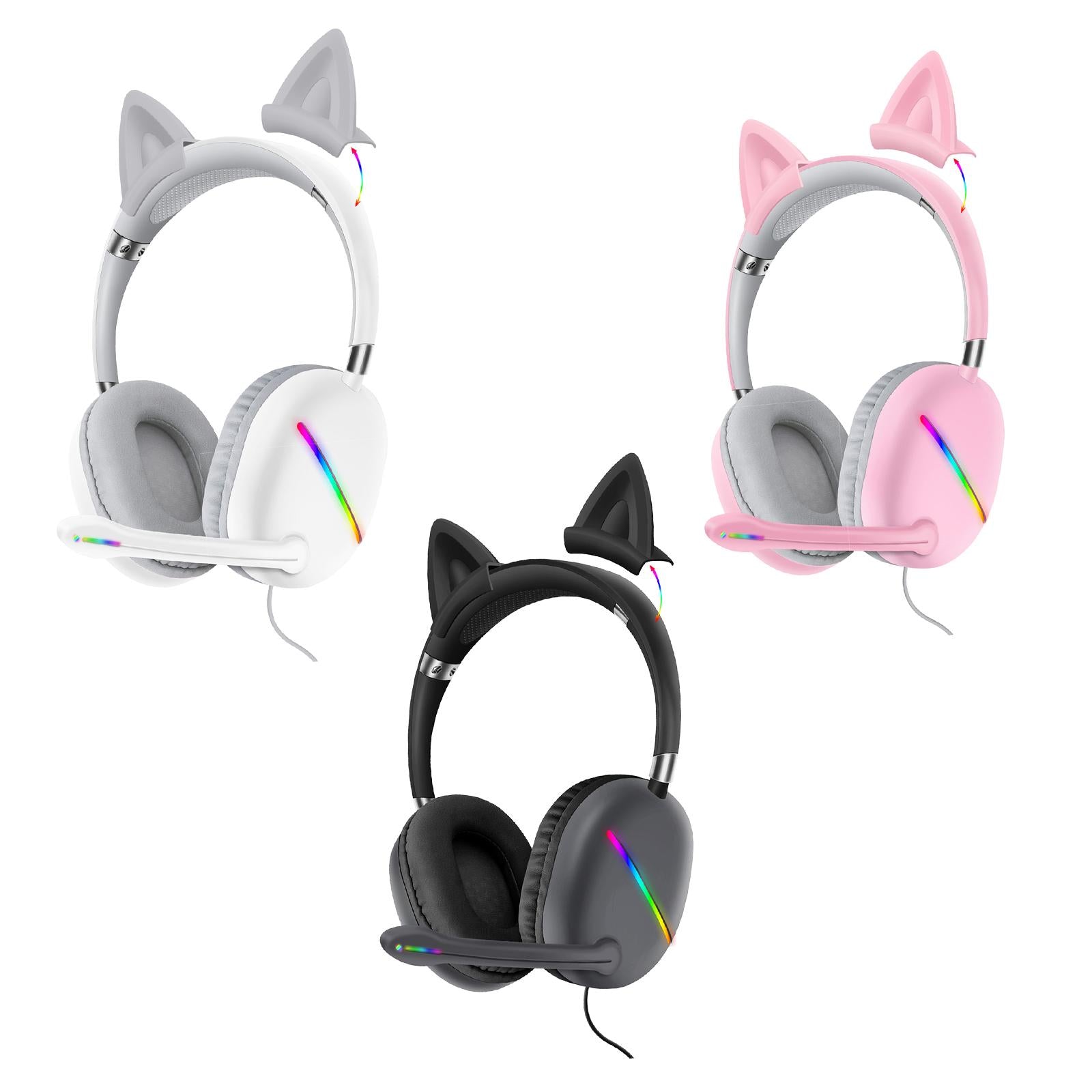 Ears of Cat Headphones Wired Gaming Headset with RGB Lights HiFi 3.5mm White