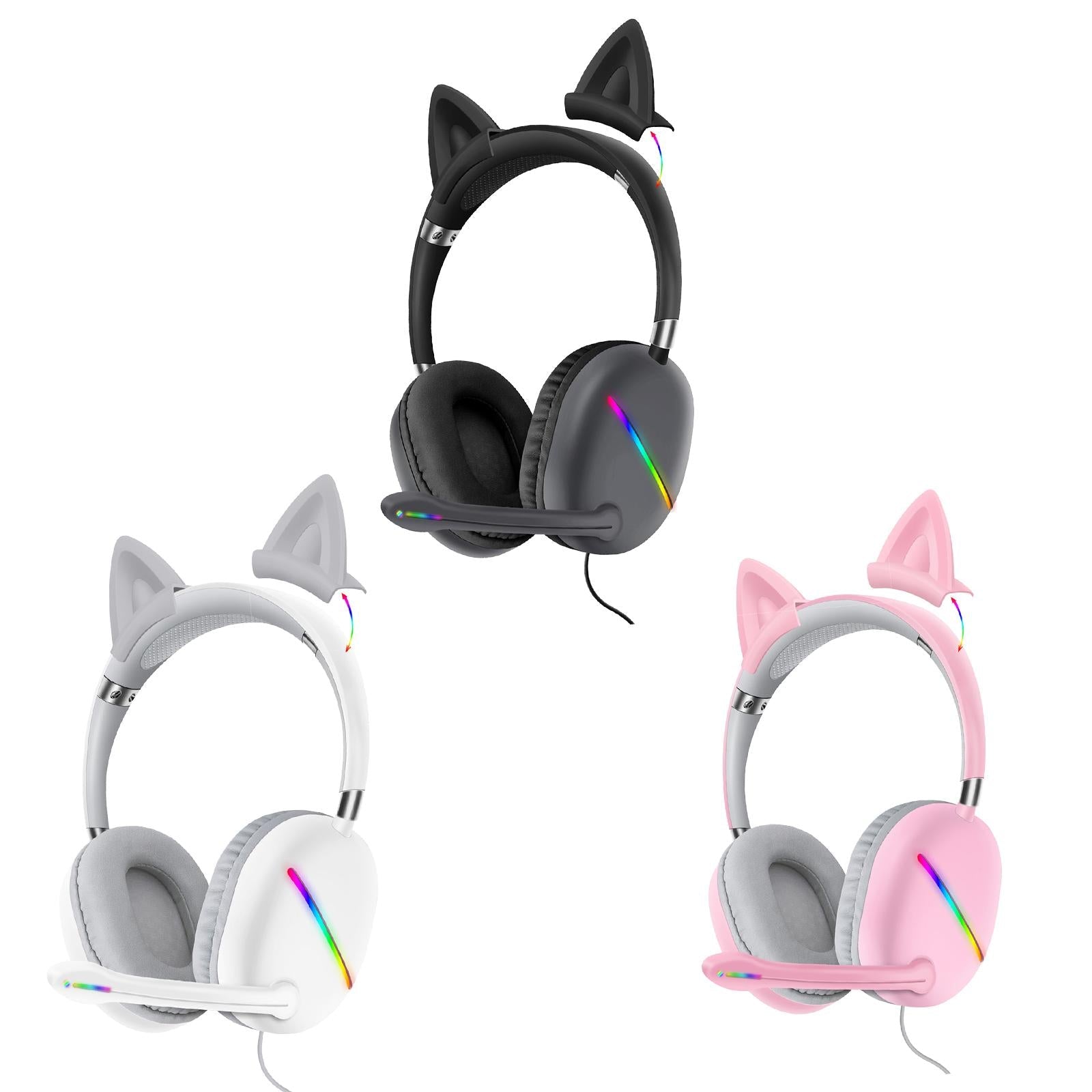 Ears of Cat Headphones Wired Gaming Headset with RGB Lights HiFi 3.5mm White