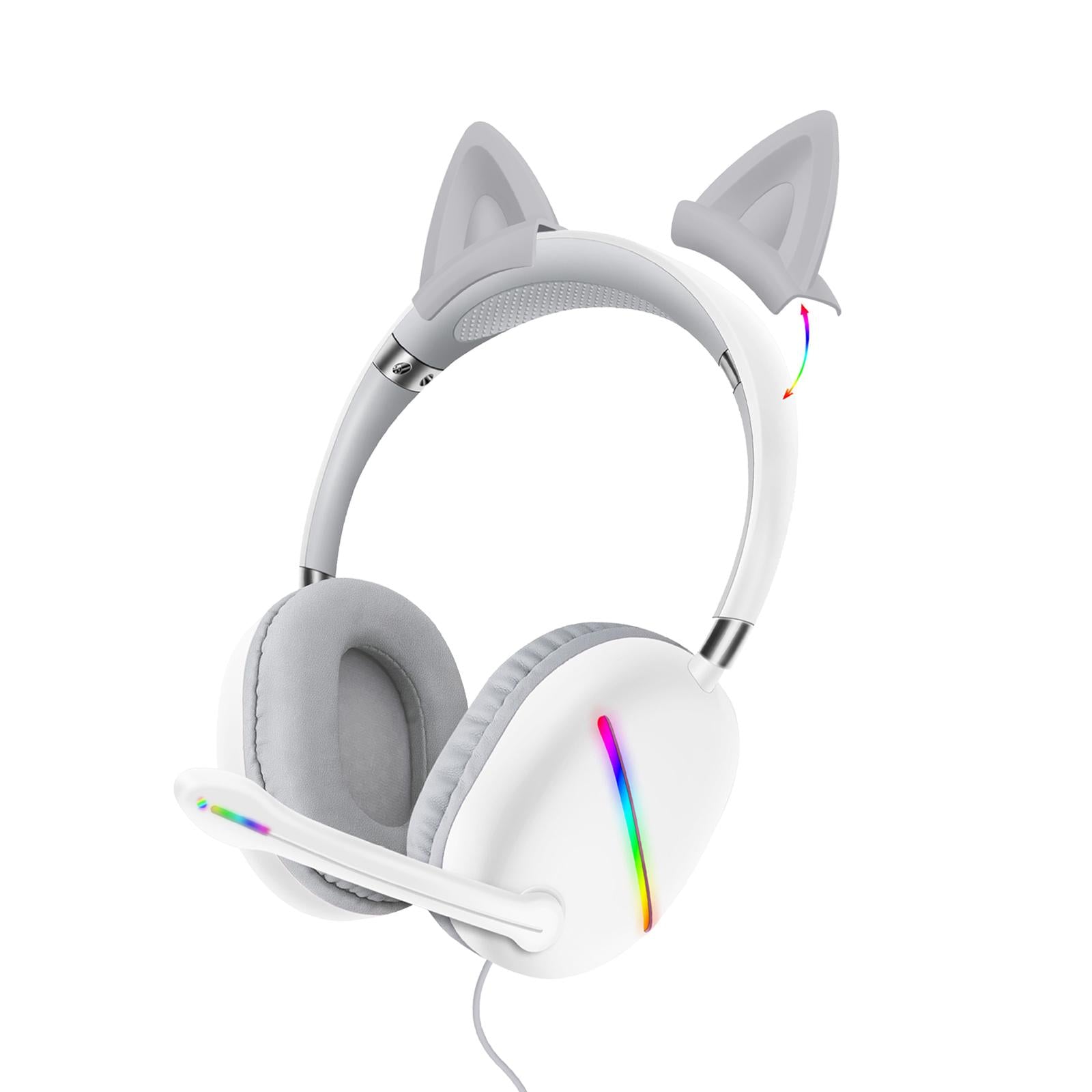 Ears of Cat Headphones Wired Gaming Headset with RGB Lights HiFi 3.5mm White