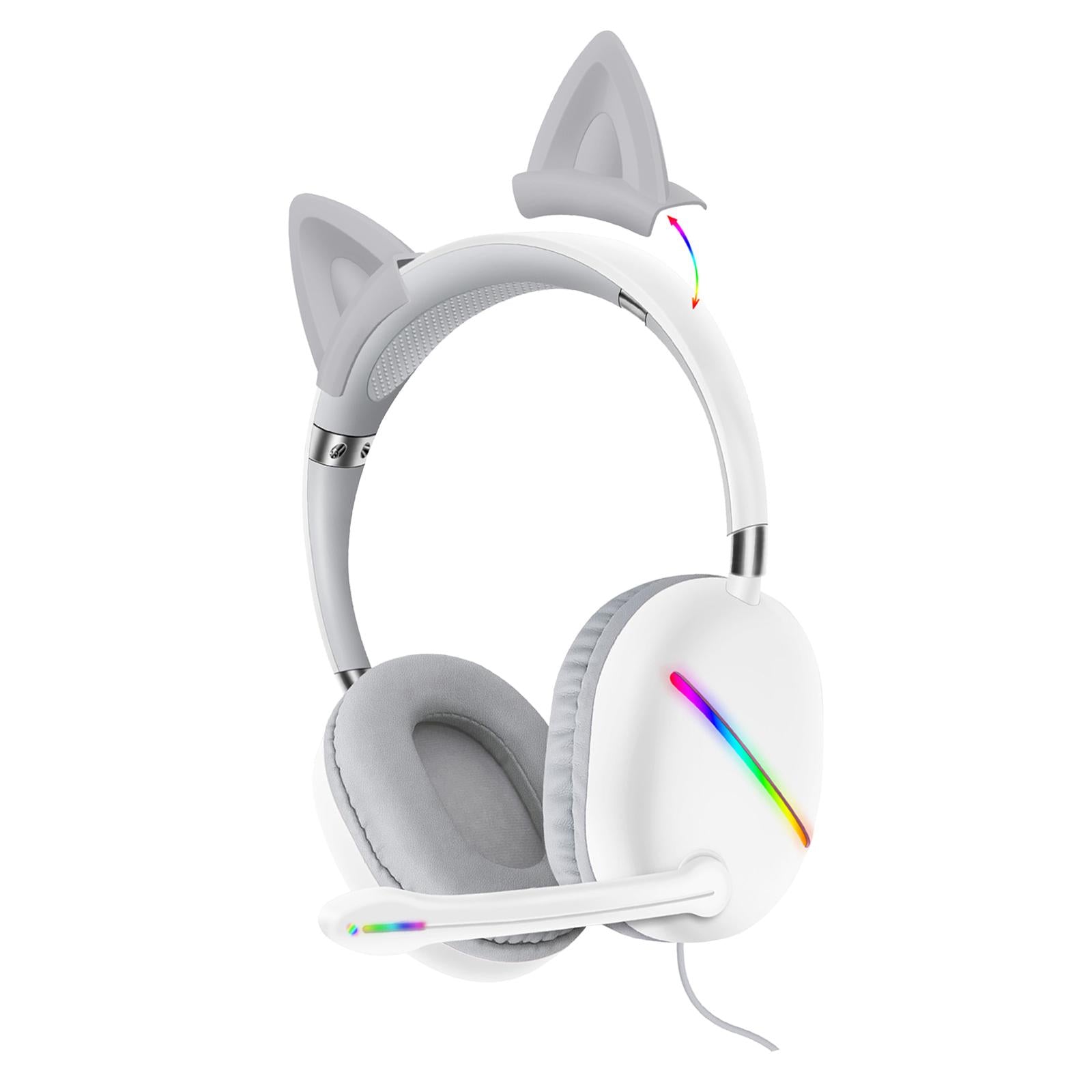 Ears of Cat Headphones Wired Gaming Headset with RGB Lights HiFi 3.5mm White