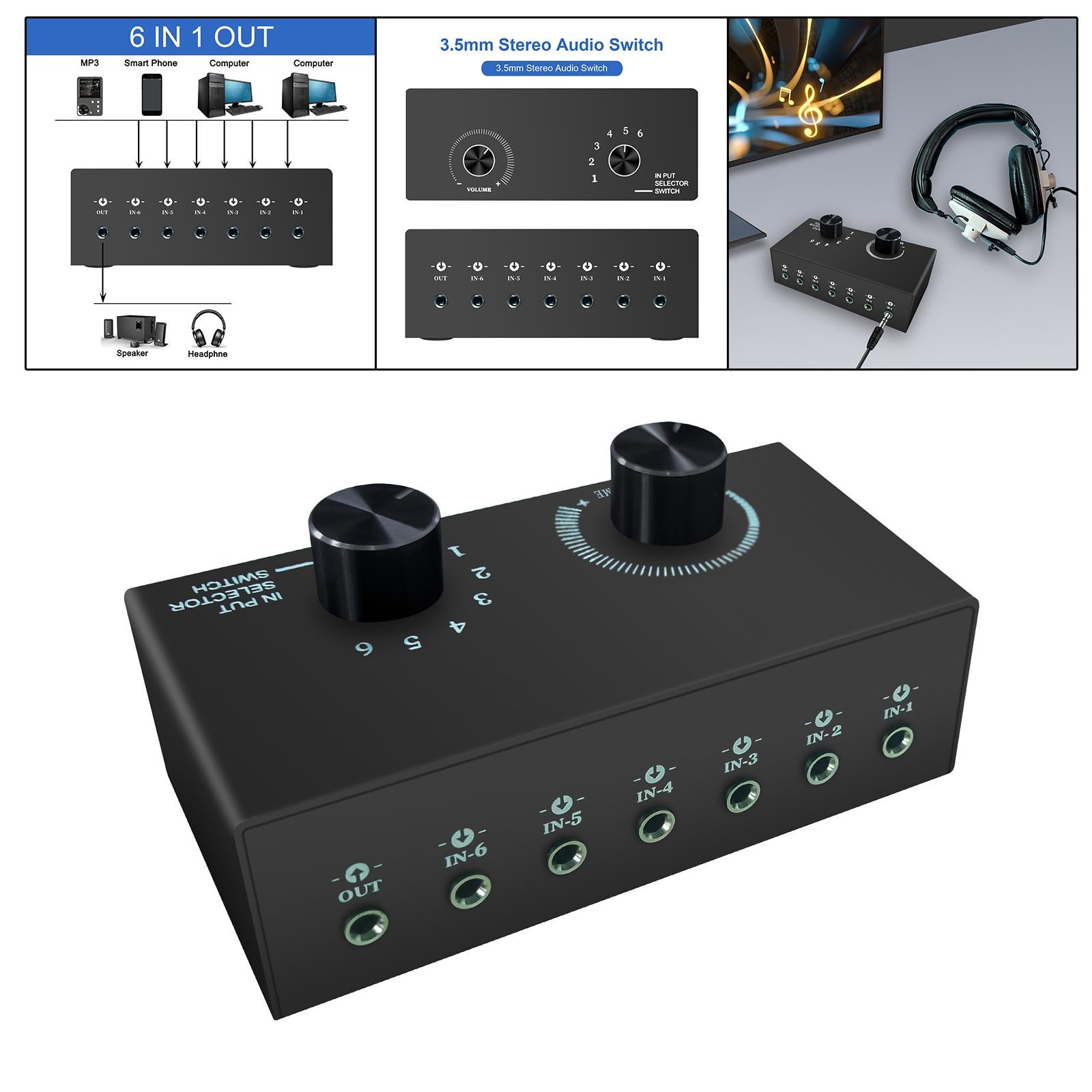 Audio Switch Audio Switcher Box 6 in 1 Out Portable Compact for Laptop Phone